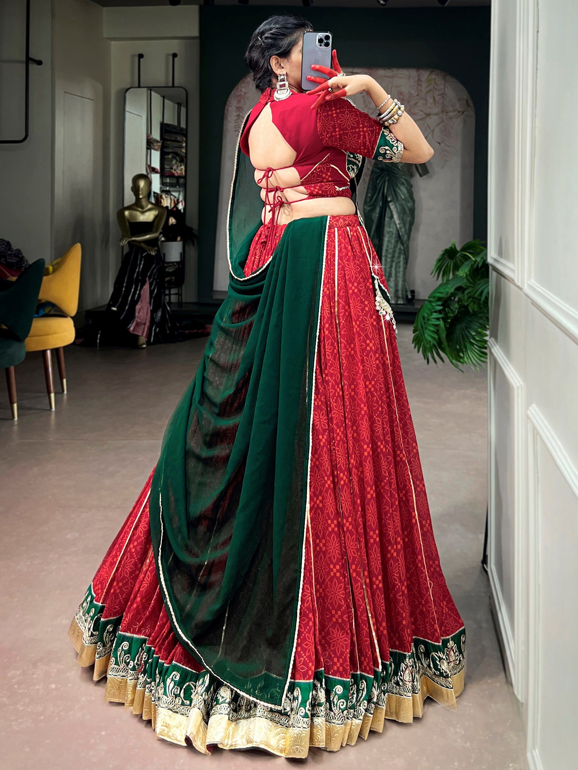 Great Red Foil Printed Georgette Navratri Wear Lehenga Choli With Dupatta