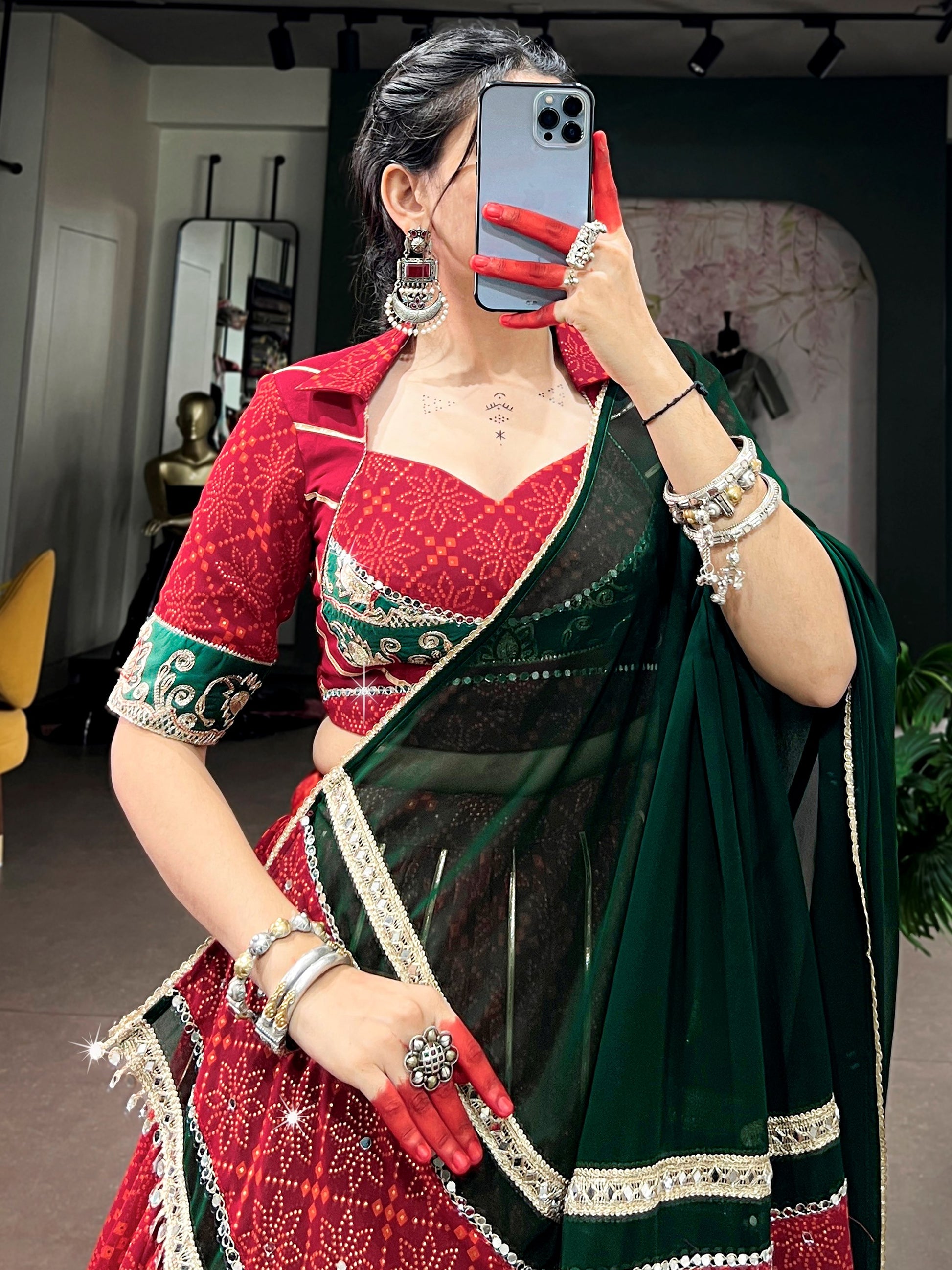 Great Red Foil Printed Georgette Navratri Wear Lehenga Choli With Dupatta