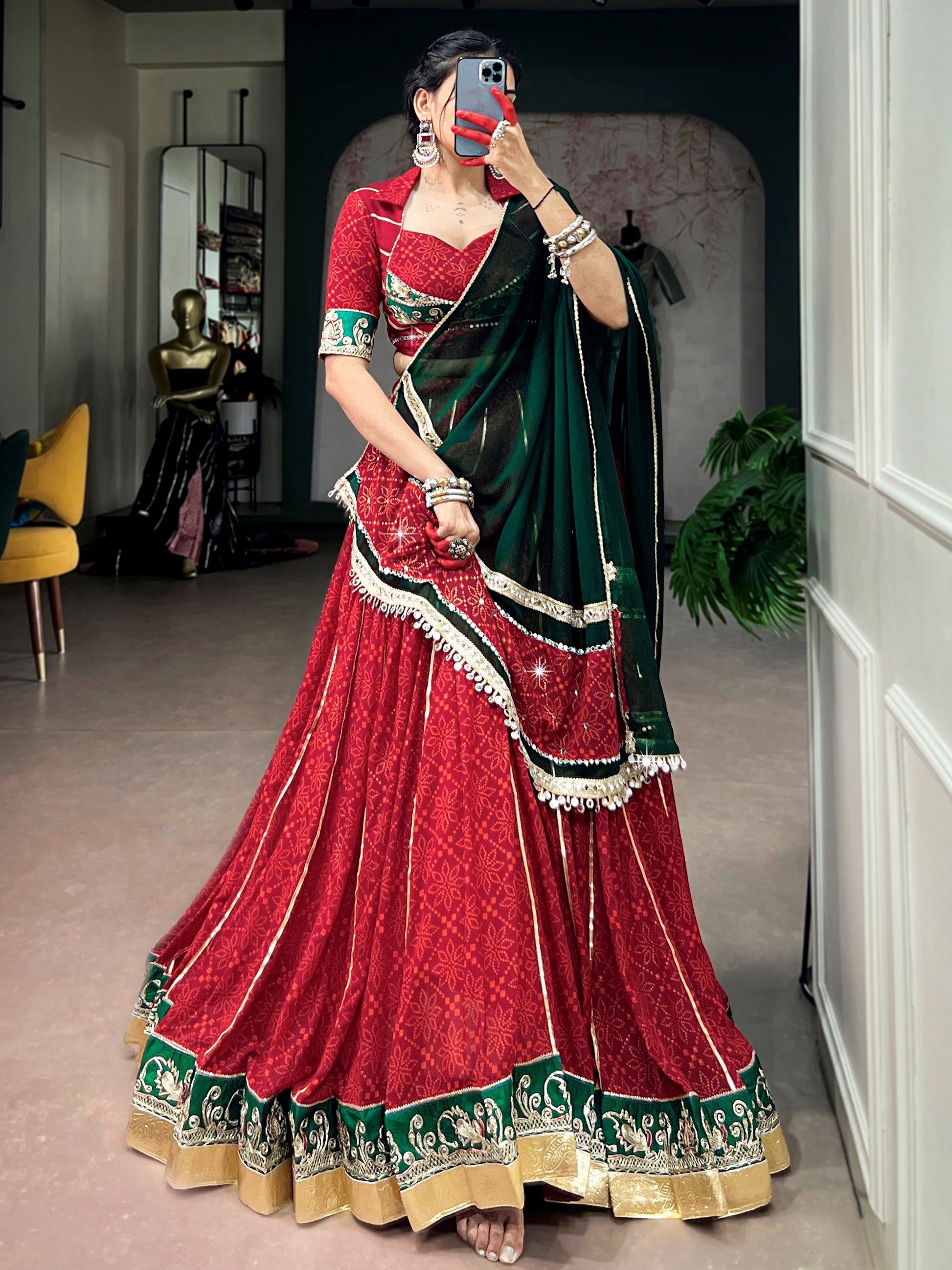 Great Red Foil Printed Georgette Navratri Wear Lehenga Choli With Dupatta