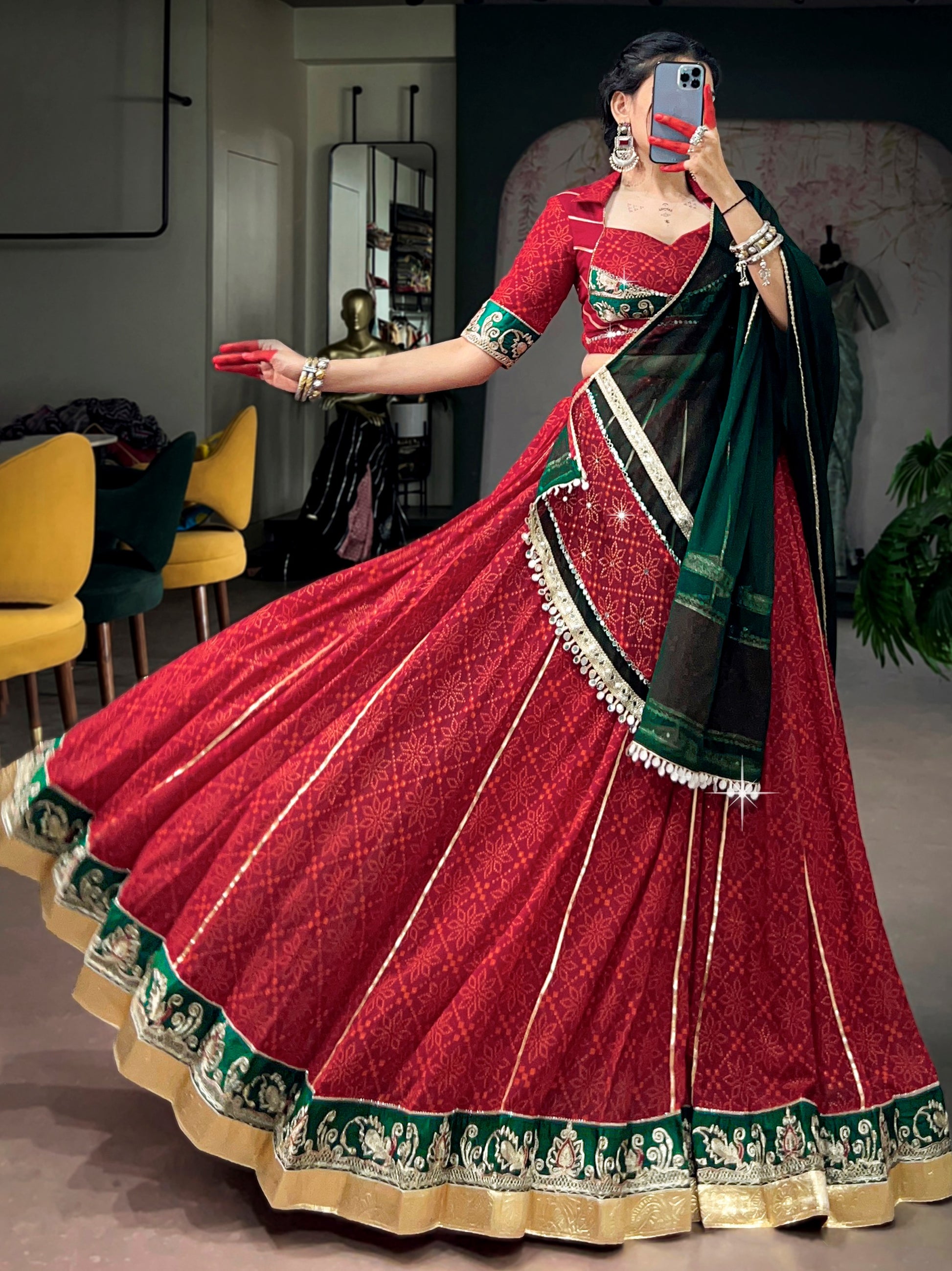 Great Red Foil Printed Georgette Navratri Wear Lehenga Choli With Dupatta