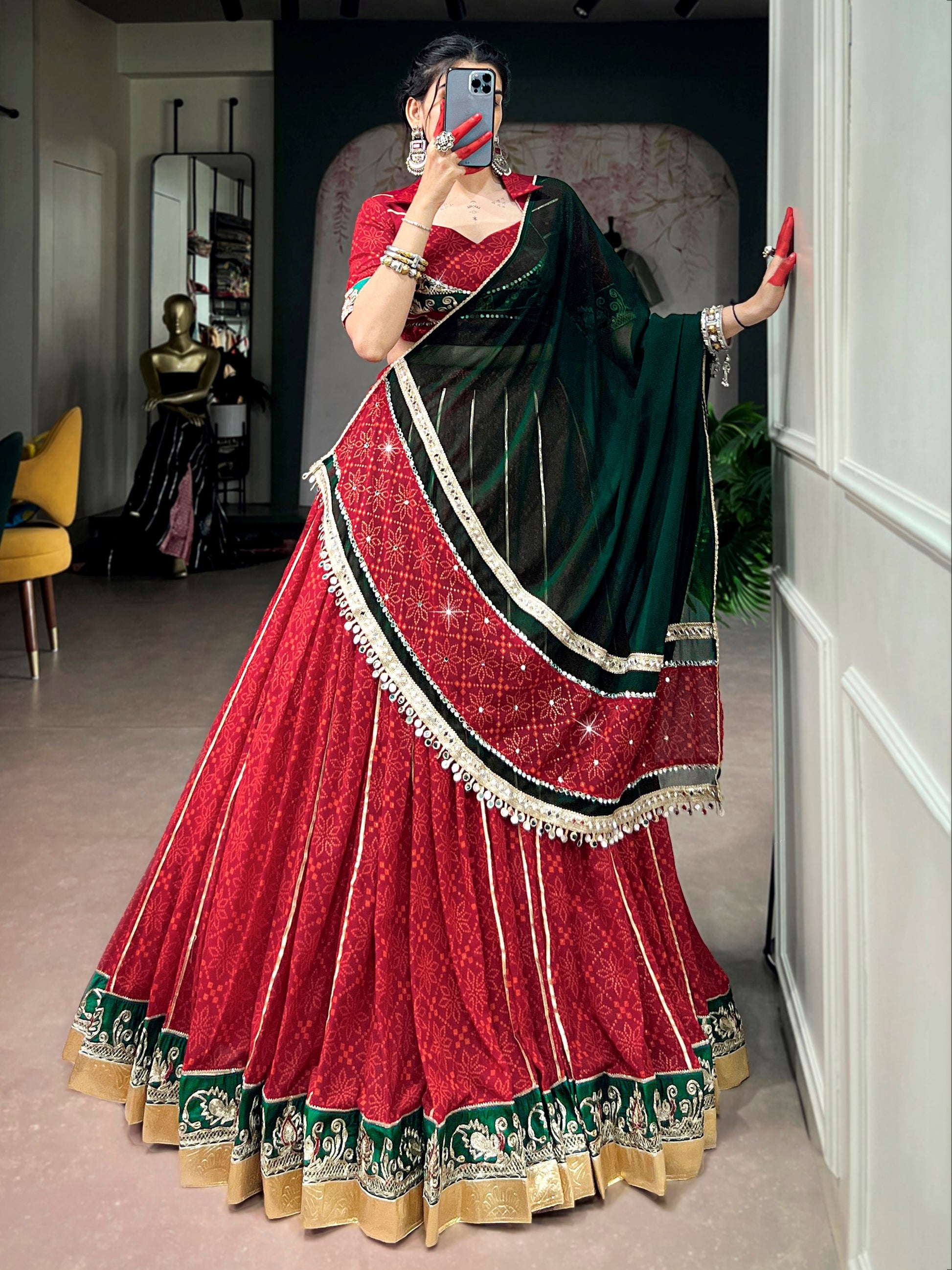 Great Red Foil Printed Georgette Navratri Wear Lehenga Choli With Dupatta