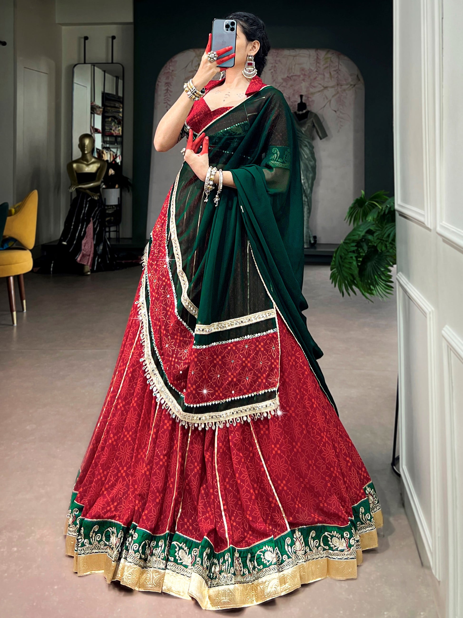 Great Red Foil Printed Georgette Navratri Wear Lehenga Choli With Dupatta