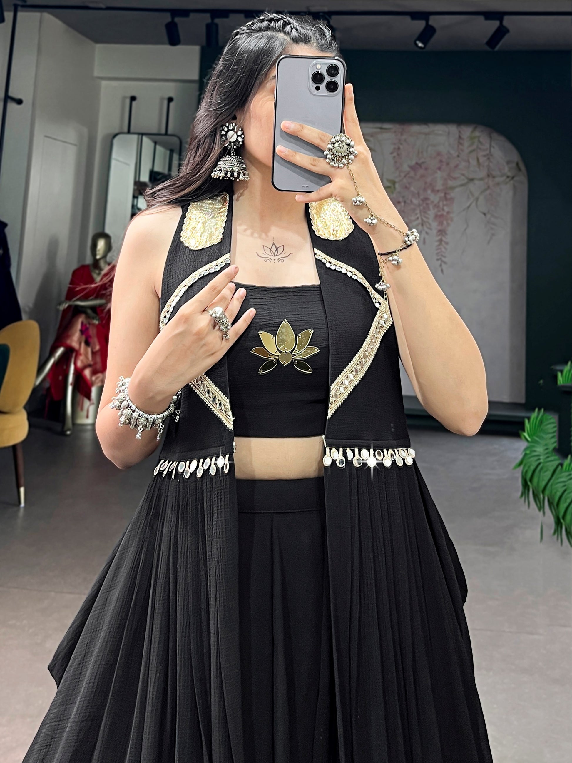 Pretty Black Handwork Chiffon Navratri Wear Lehenga Choli With Jacket 