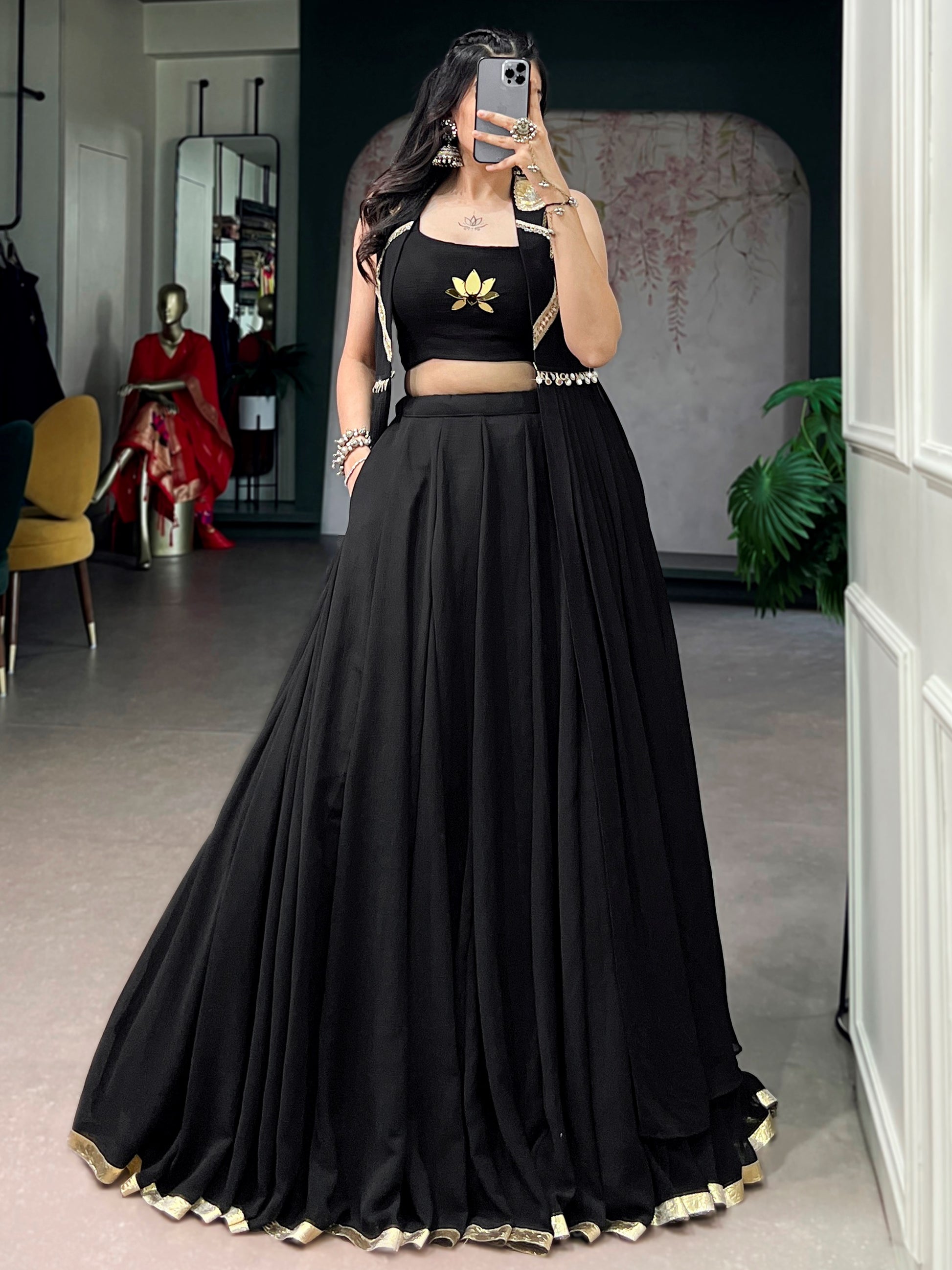 Pretty Black Handwork Chiffon Navratri Wear Lehenga Choli With Jacket 