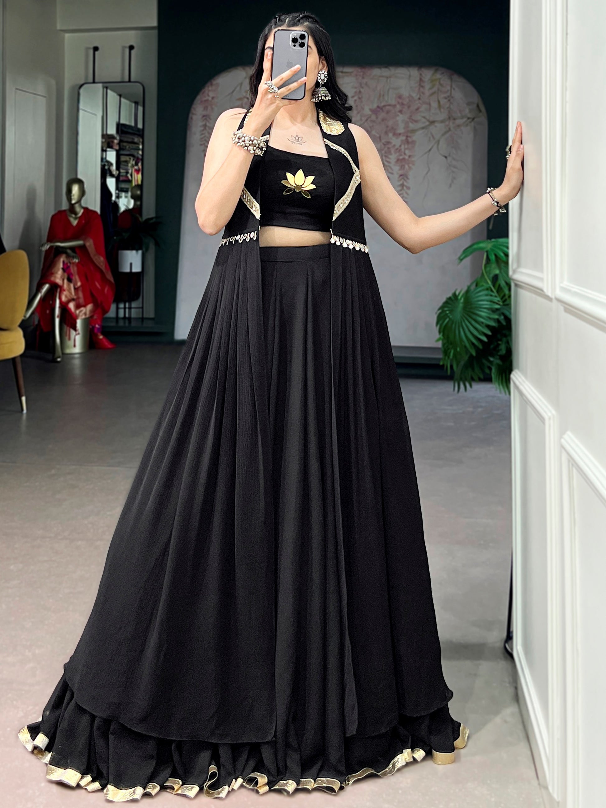 Pretty Black Handwork Chiffon Navratri Wear Lehenga Choli With Jacket 