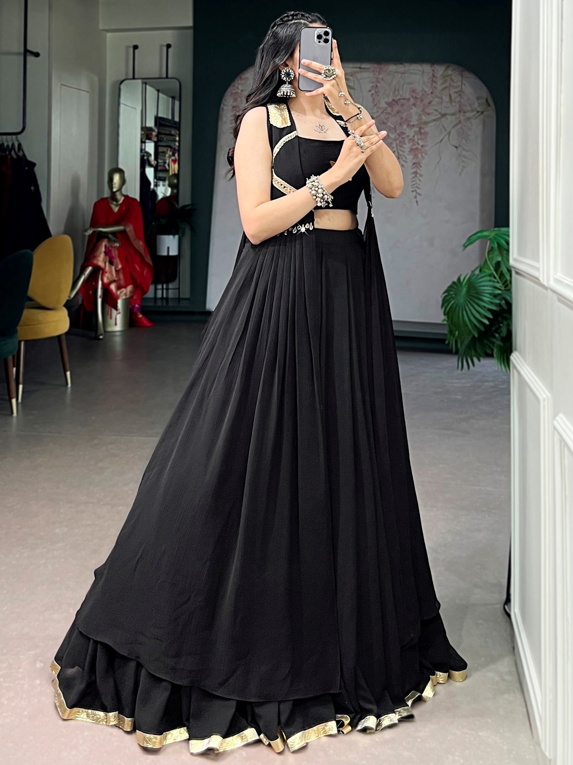Pretty Black Handwork Chiffon Navratri Wear Lehenga Choli With Jacket 