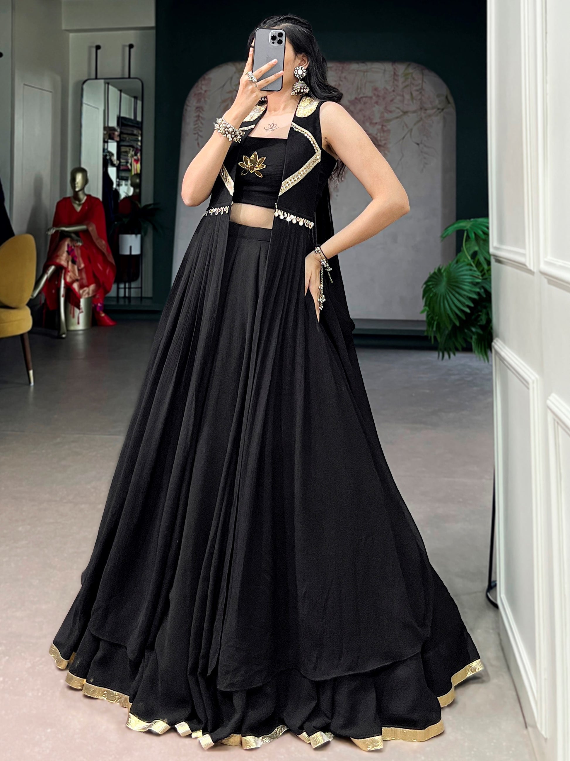 Pretty Black Handwork Chiffon Navratri Wear Lehenga Choli With Jacket 