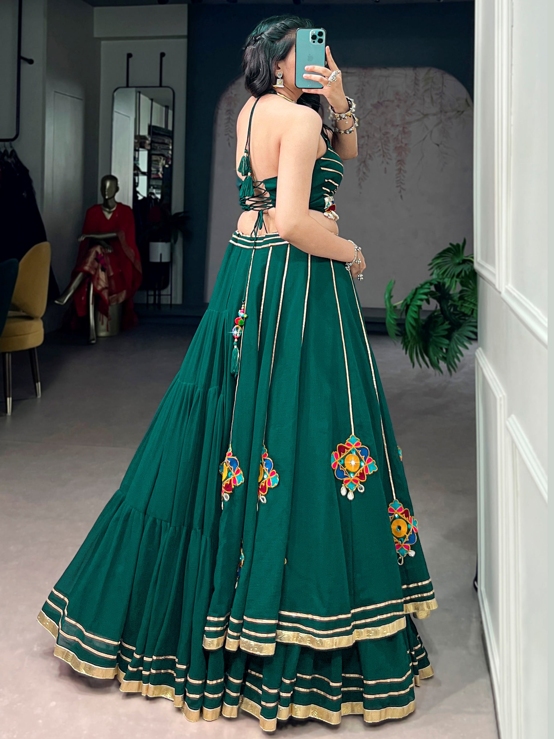Glamorous Green Mirror Work Georgette Navratri Wear Lehenga Choli 