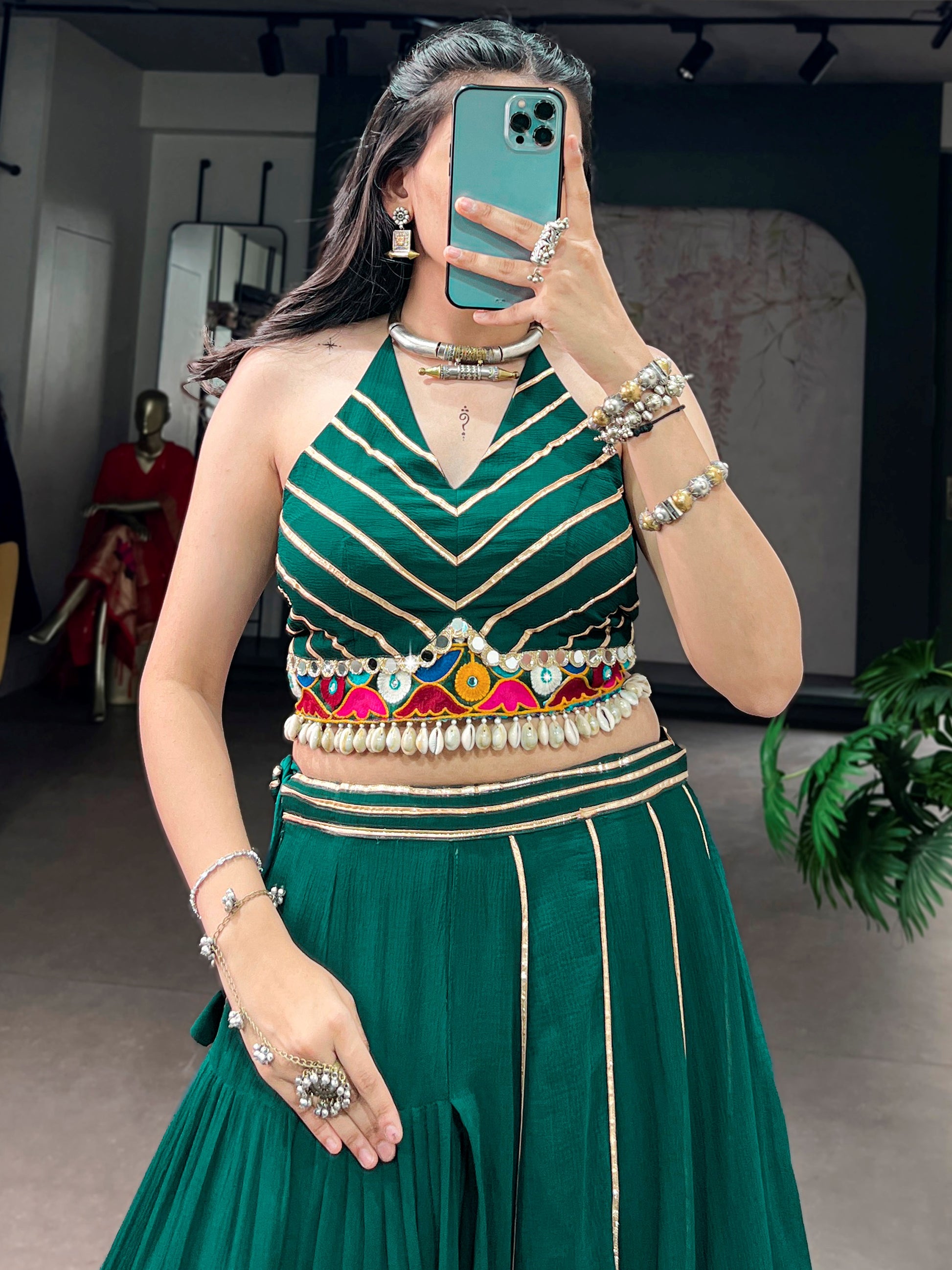 Glamorous Green Mirror Work Georgette Navratri Wear Lehenga Choli With 