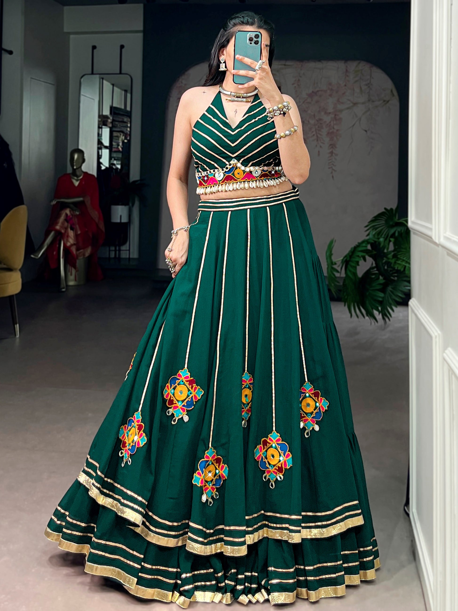 Glamorous Green Mirror Work Georgette Navratri Wear Lehenga Choli 