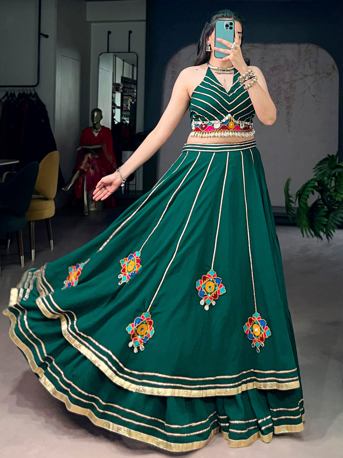 Glamorous Green Mirror Work Georgette Navratri Wear Lehenga Choli 