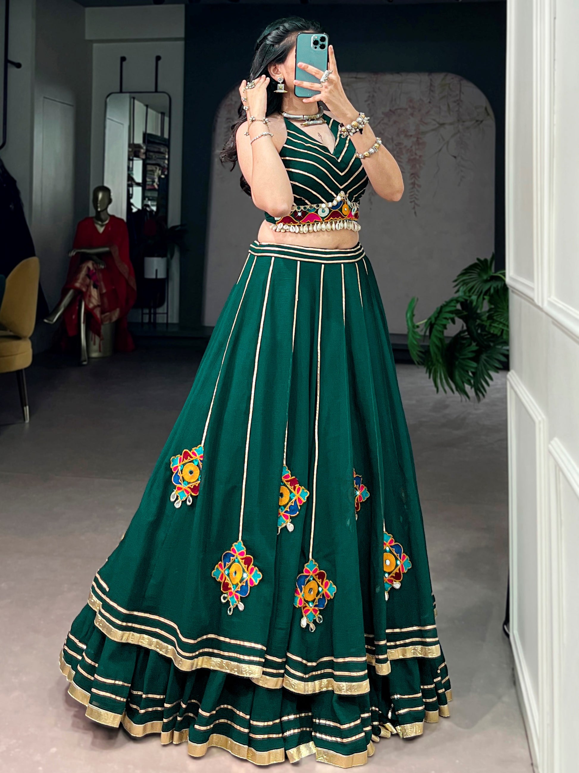 Glamorous Green Mirror Work Georgette Navratri Wear Lehenga Choli 