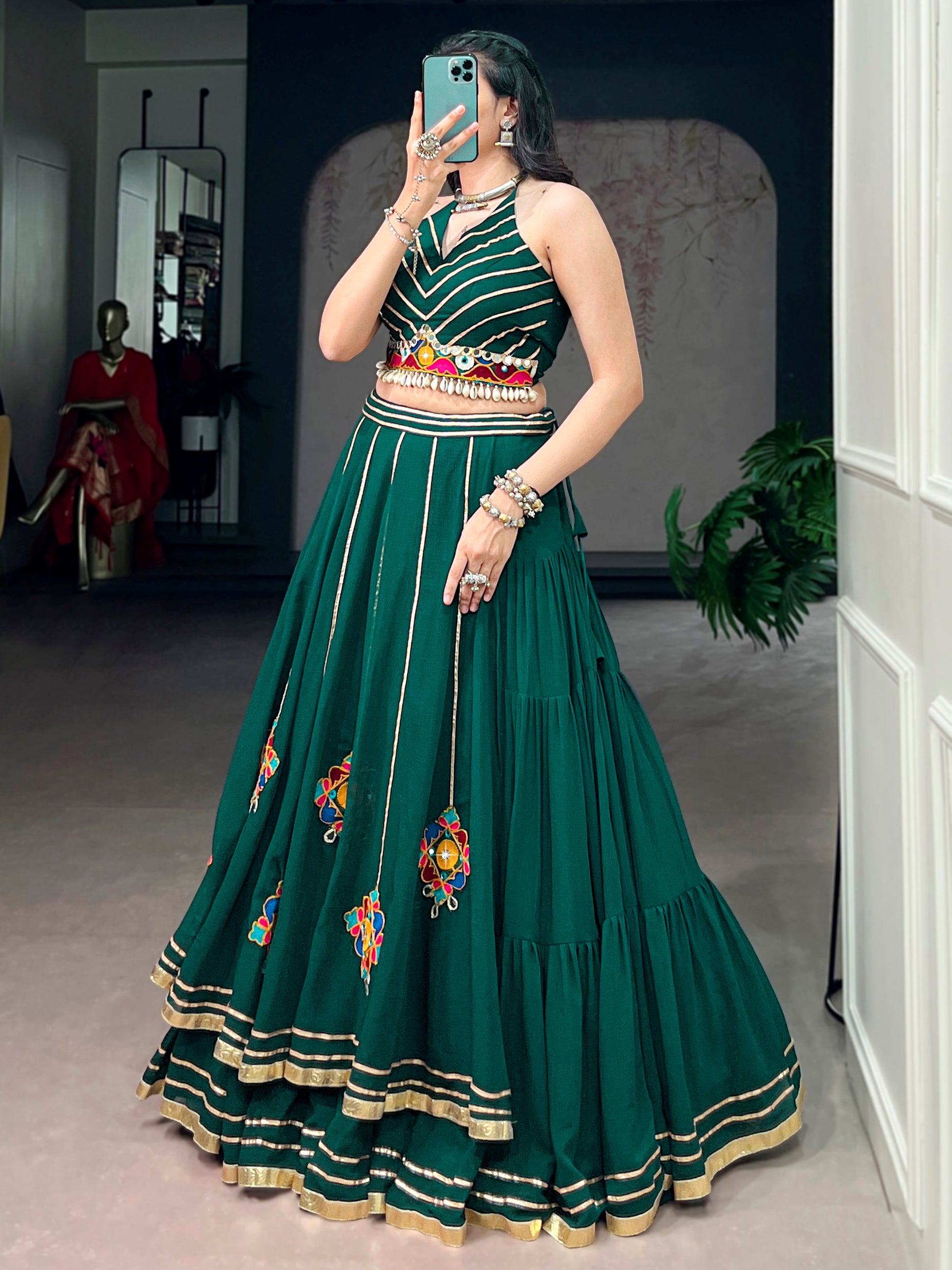 Glamorous Green Mirror Work Georgette Navratri Wear Lehenga Choli 