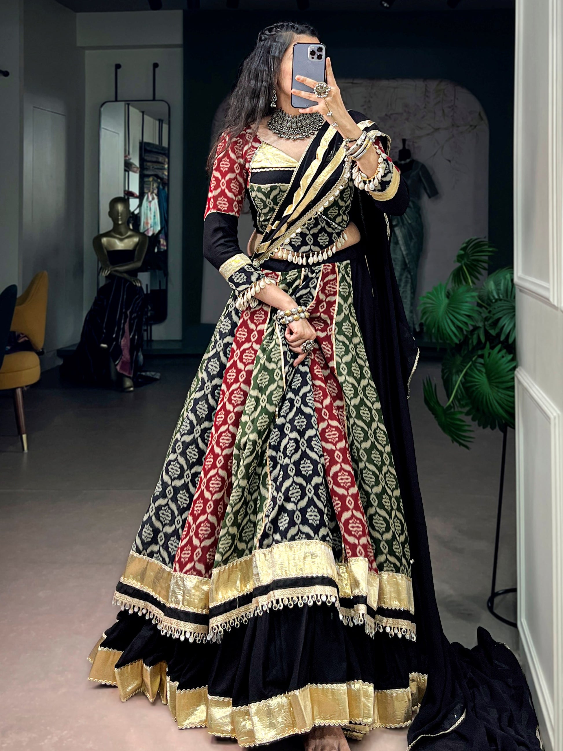 Striking Black Digital Printed Rayon Navratri Wear Lehenga Choli