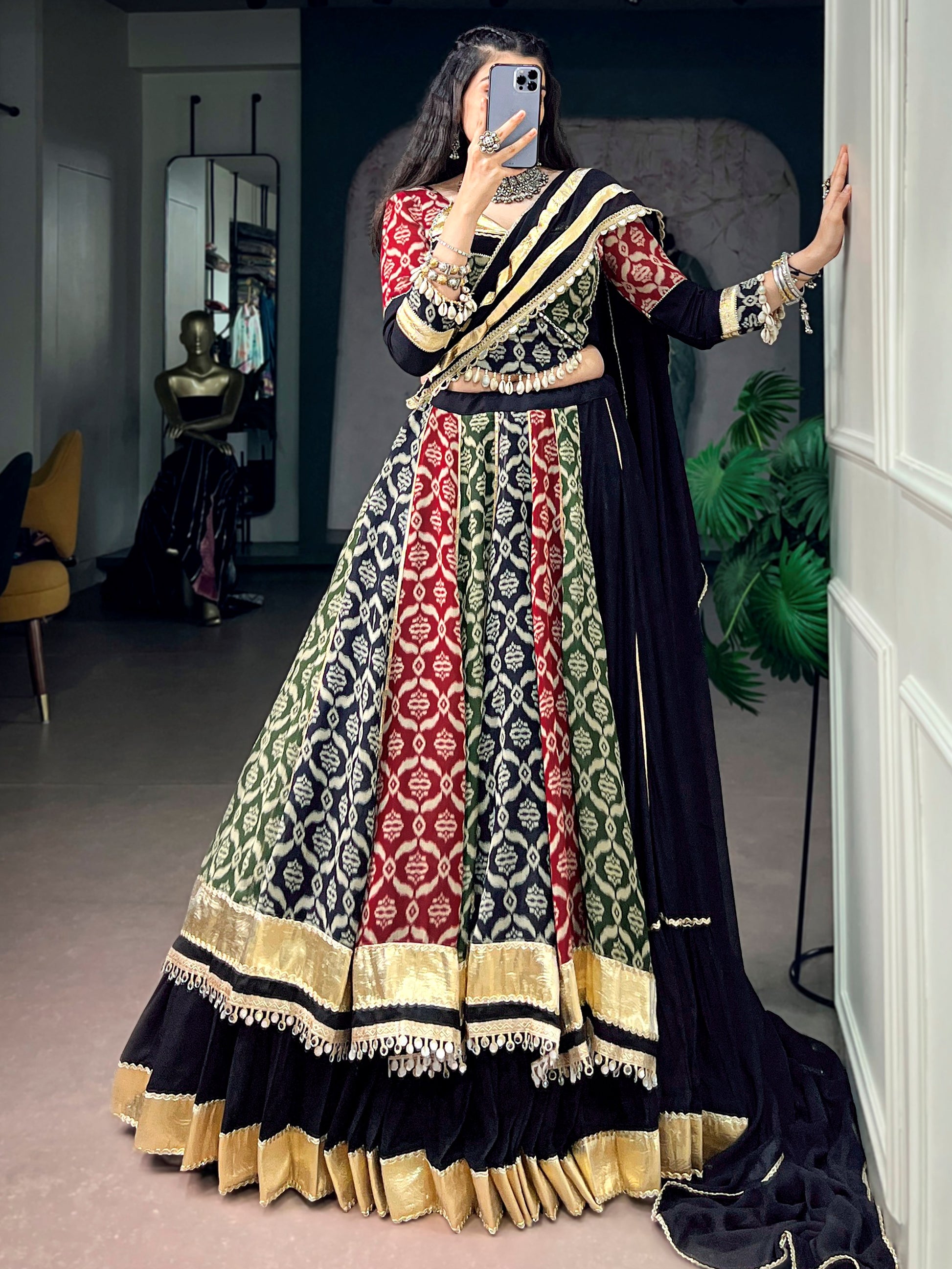 Striking Black Digital Printed Rayon Navratri Wear Lehenga Choli