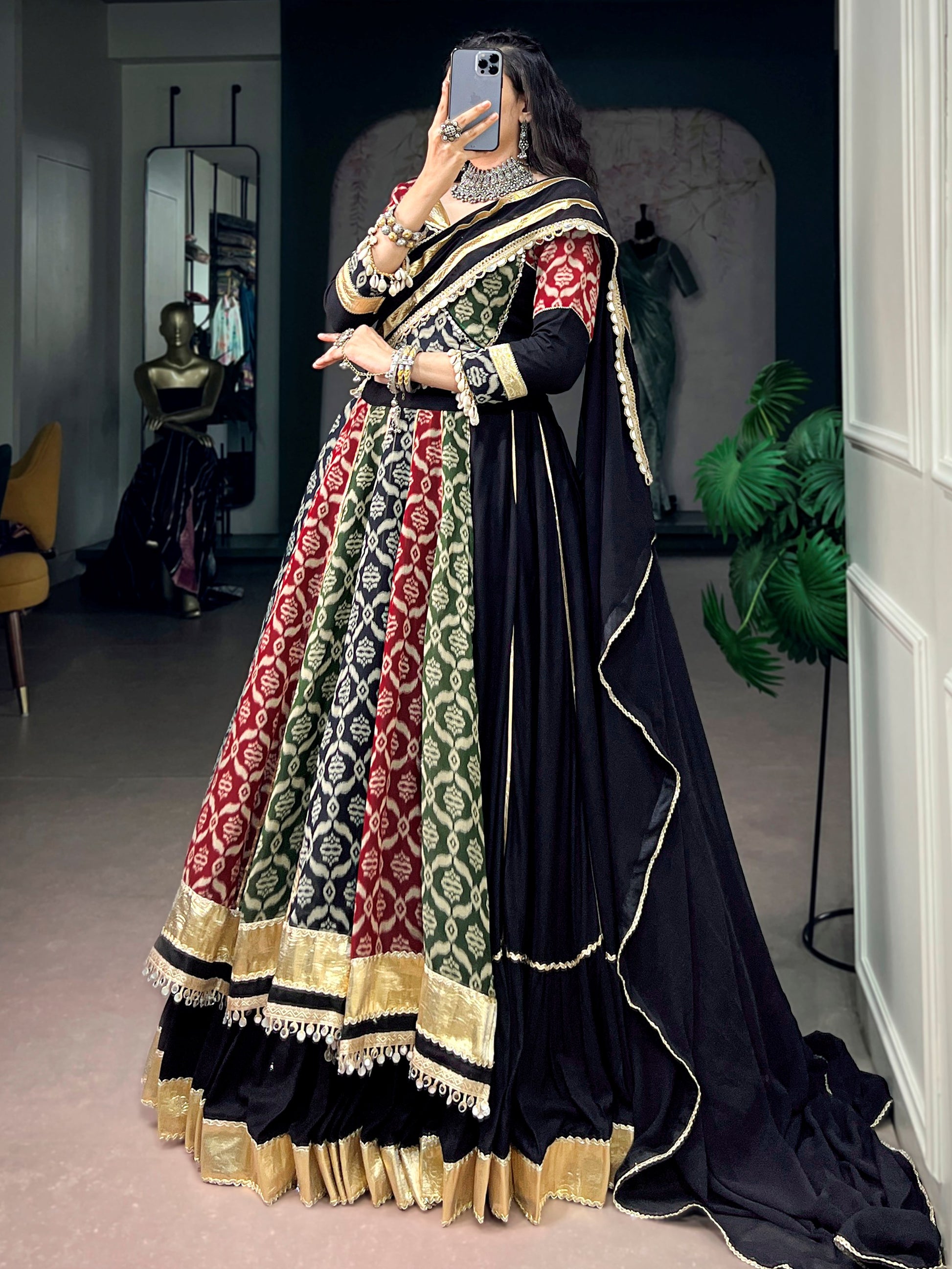 Striking Black Digital Printed Rayon Navratri Wear Lehenga Choli