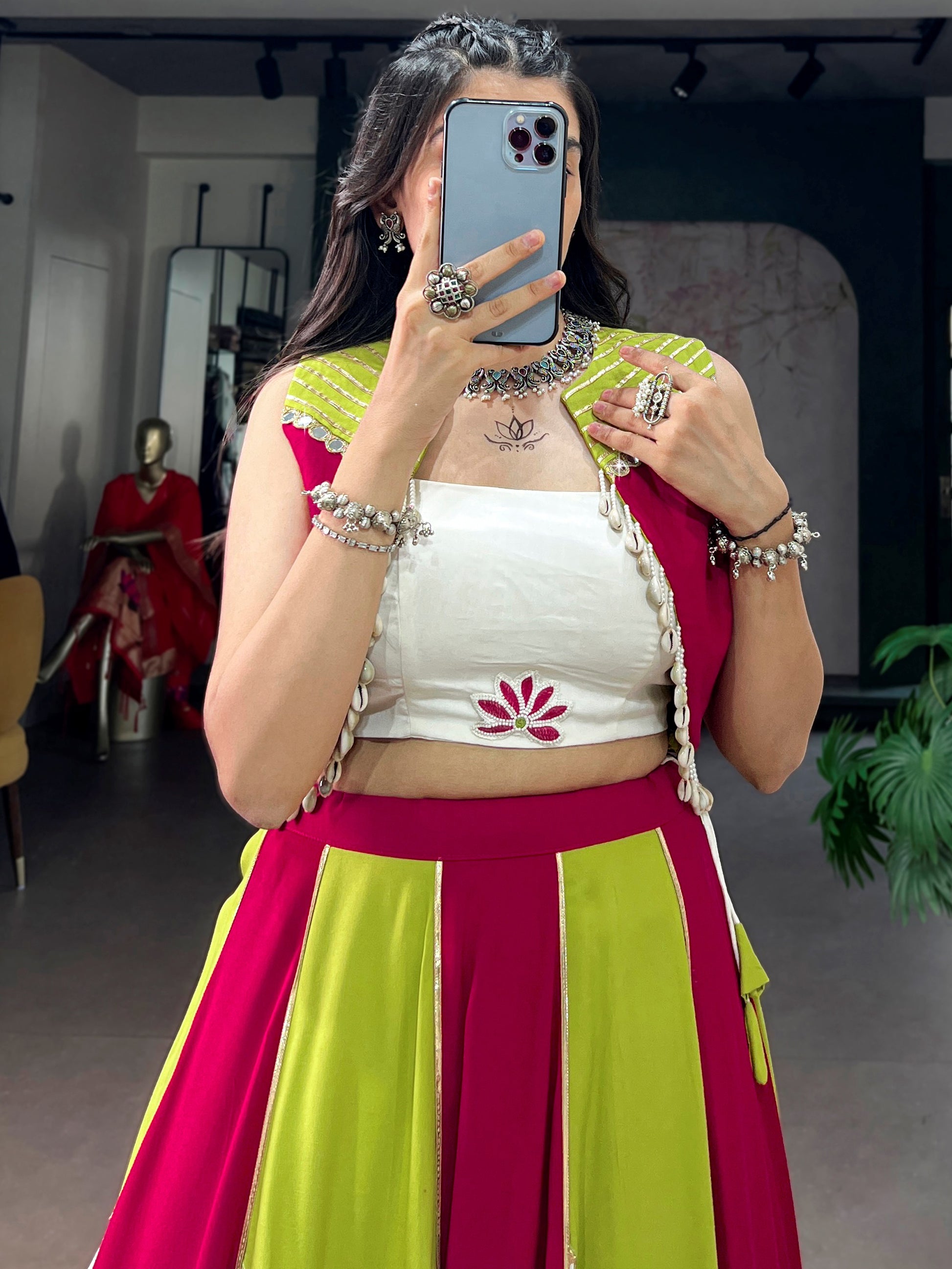 Pretty Multi-Color Gota Patti Rayon Navratri Wear Lehenga Choli With Koti
