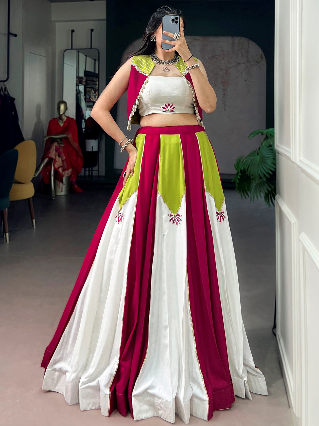 Pretty Multi-Color Gota Patti Rayon Navratri Wear Lehenga Choli With Koti