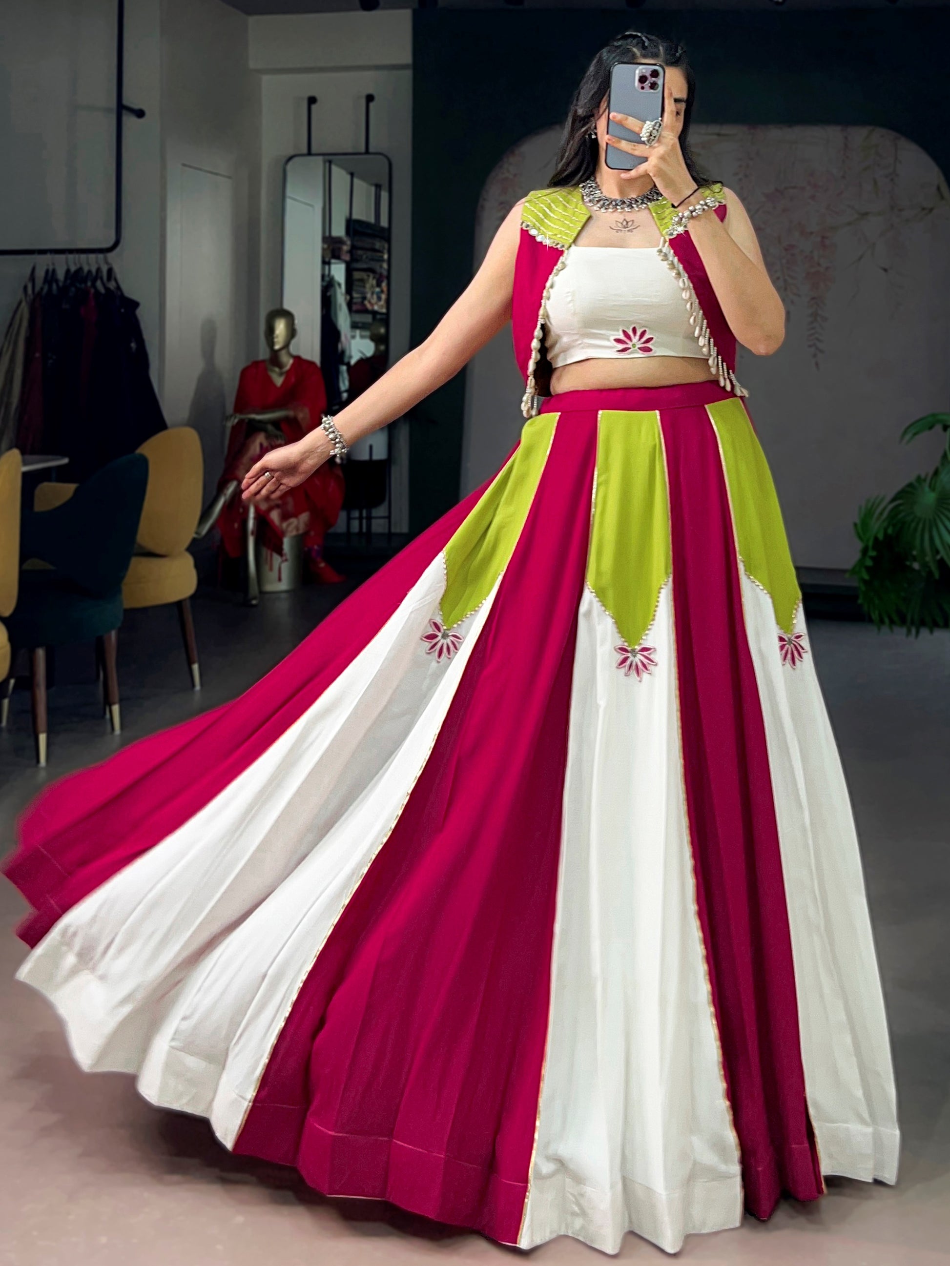 Pretty Multi-Color Gota Patti Rayon Navratri Wear Lehenga Choli With Koti