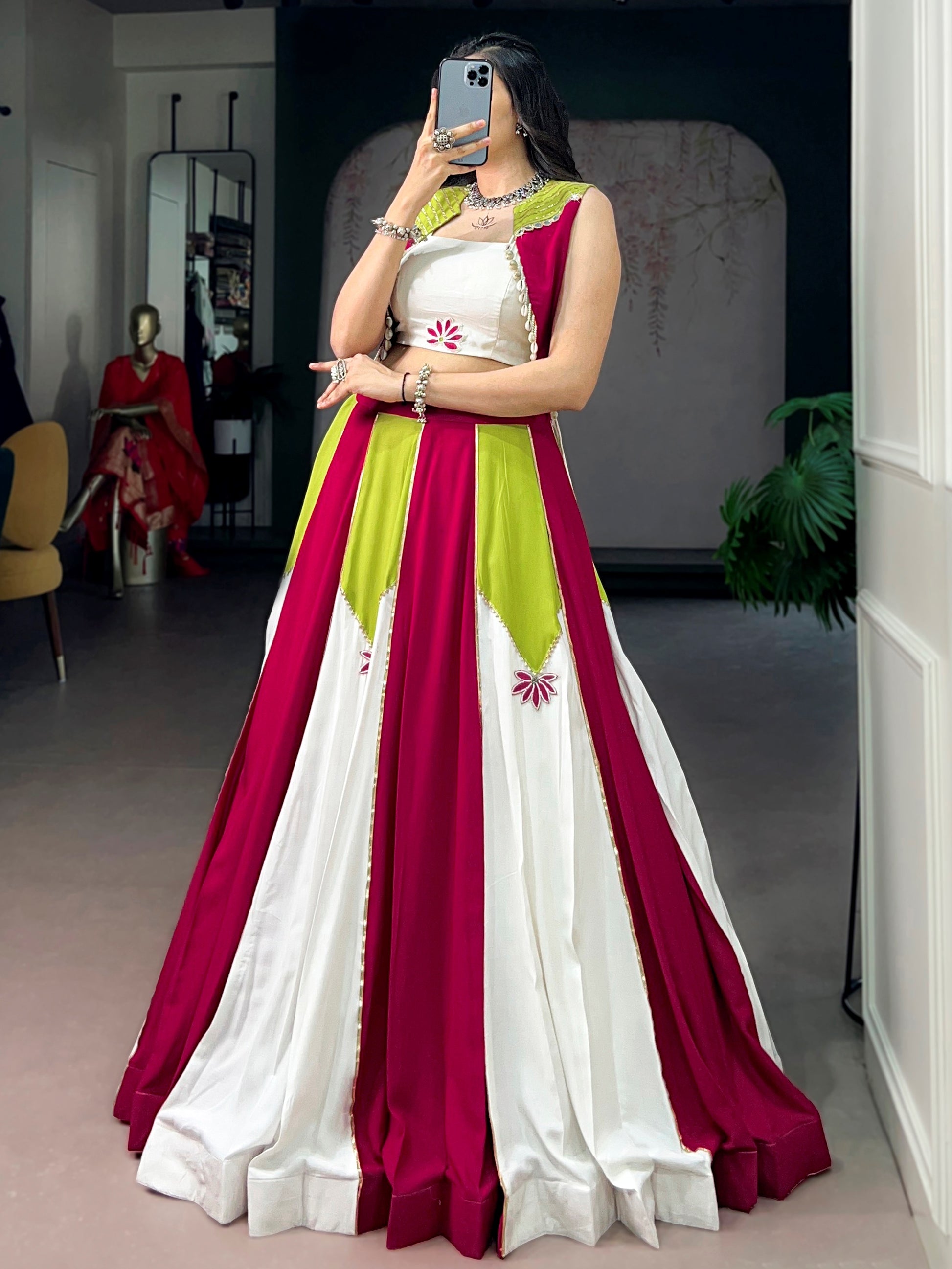 Pretty Multi-Color Gota Patti Rayon Navratri Wear Lehenga Choli With Koti