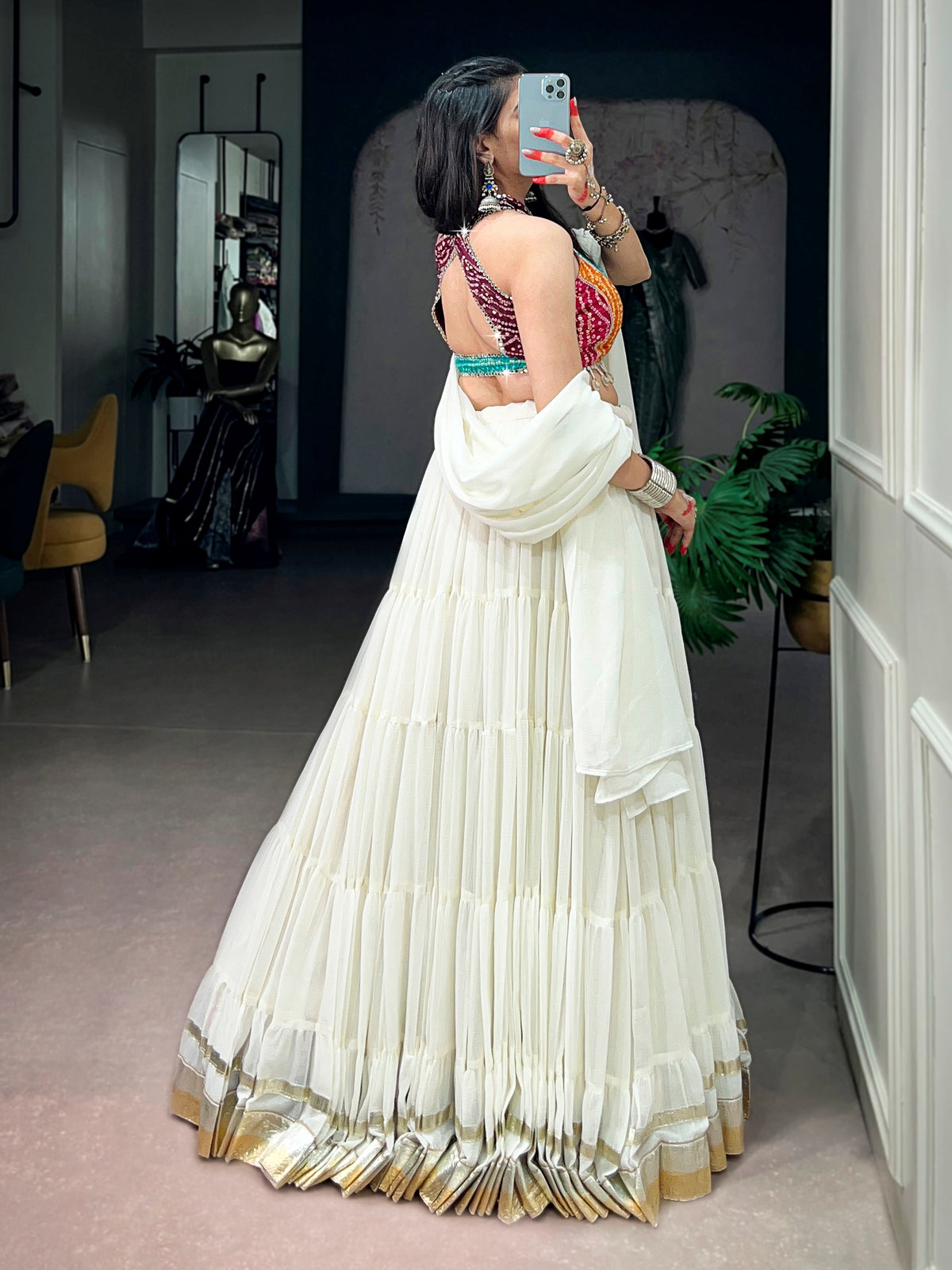 Artistic Off White Mirror Work Georgette Navratri Wear Lehenga Choli