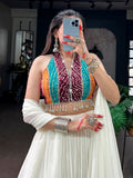 Artistic Off White Mirror Work Georgette Navratri Wear Lehenga Choli
