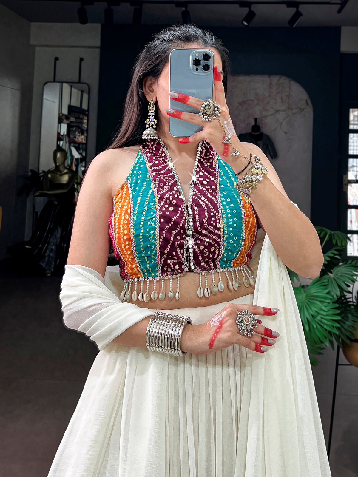 Artistic Off White Mirror Work Georgette Navratri Wear Lehenga Choli
