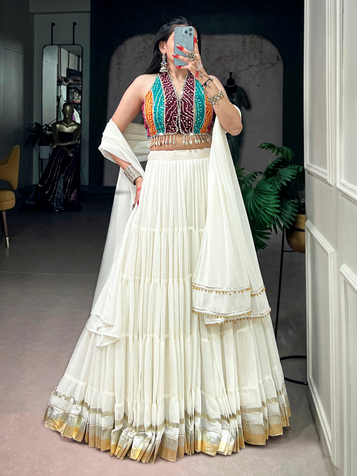 Artistic Off White Mirror Work Georgette Navratri Wear Lehenga Choli