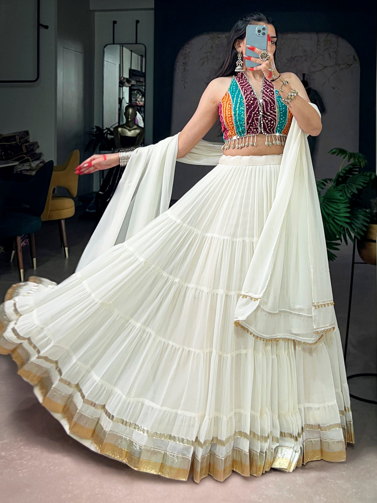 Artistic Off White Mirror Work Georgette Navratri Wear Lehenga Choli