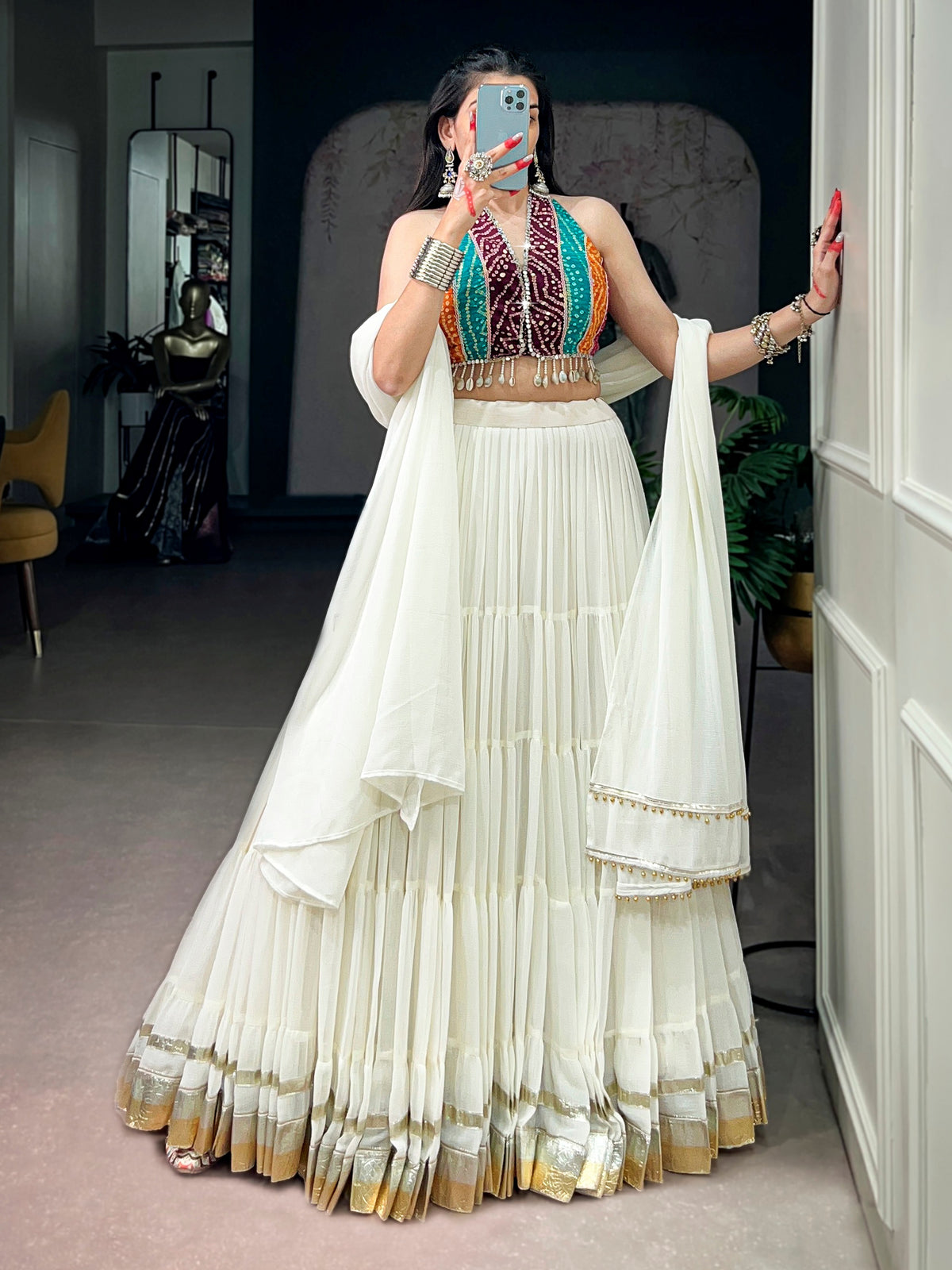 Artistic Off White Mirror Work Georgette Navratri Wear Lehenga Choli