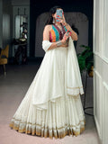 Artistic Off White Mirror Work Georgette Navratri Wear Lehenga Choli