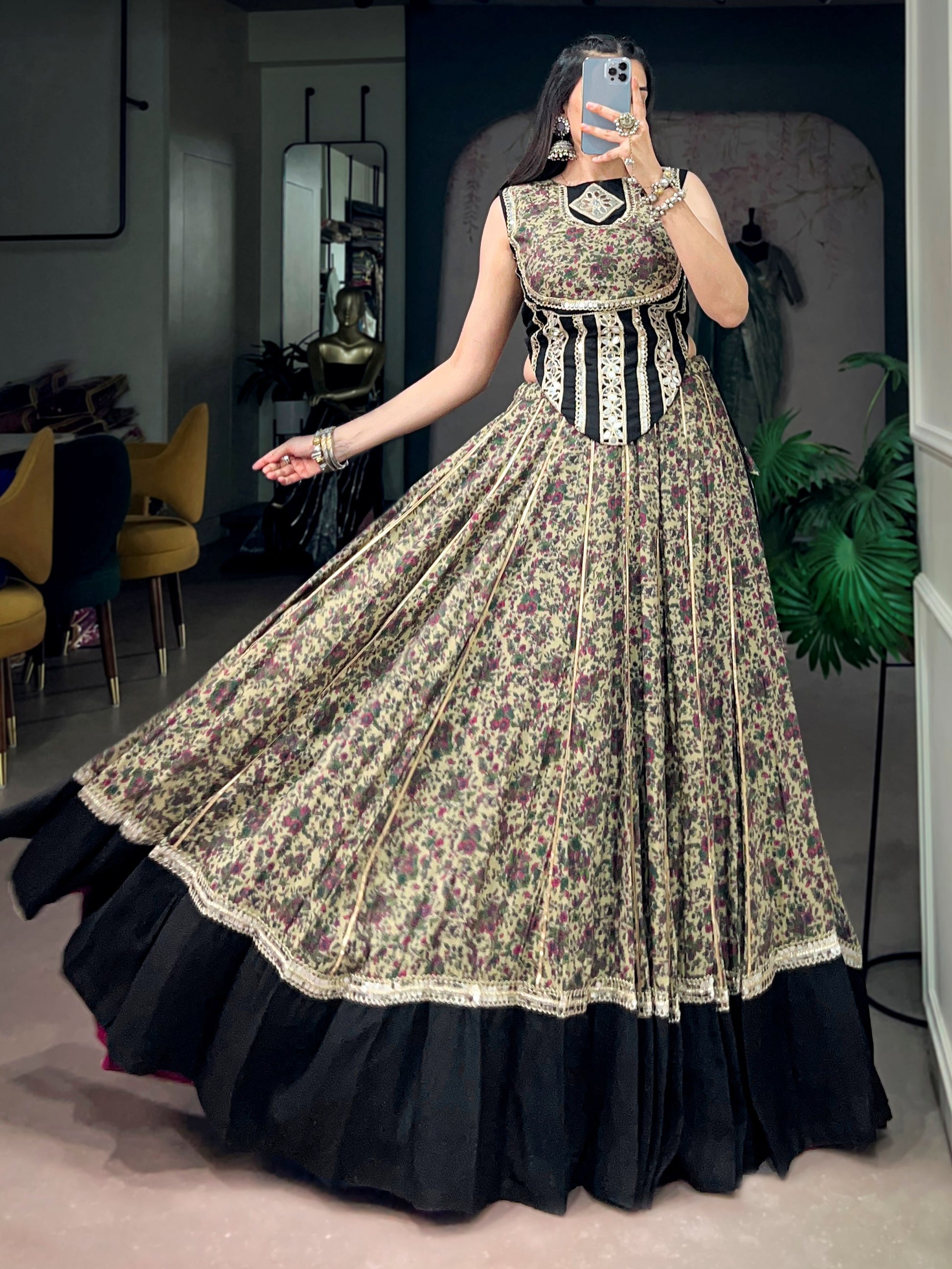 Sophisticated Black Digital Printed Cotton Navratri Wear Lehenga Choli