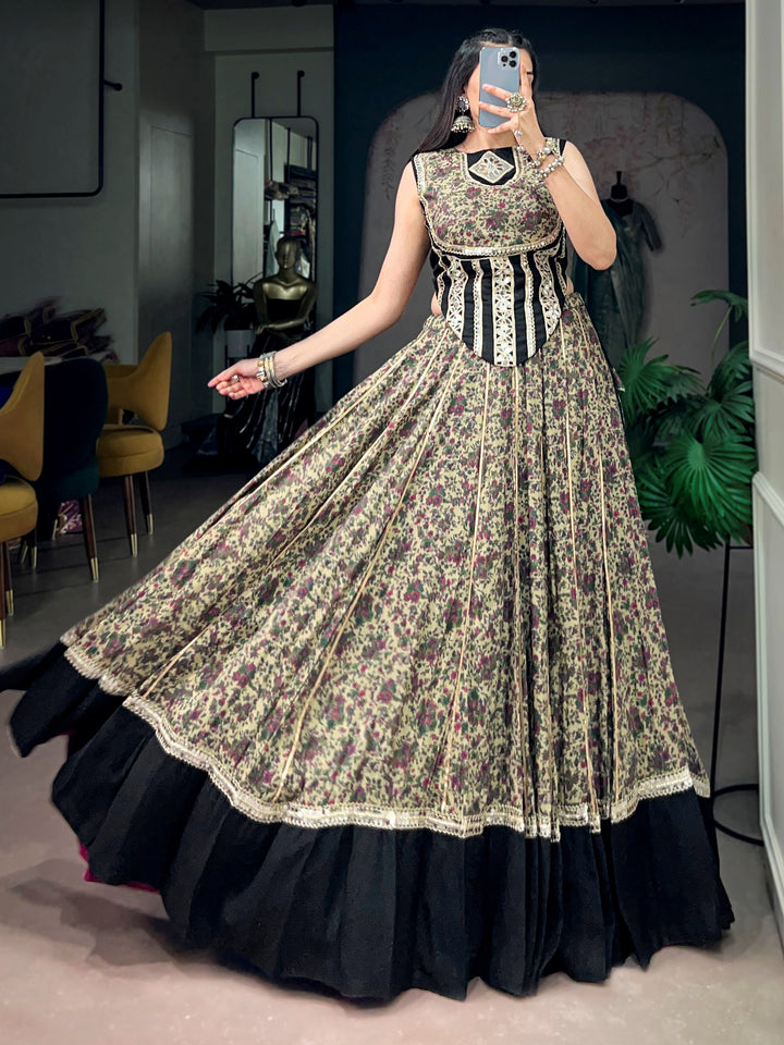 Sophisticated Black Digital Printed Cotton Navratri Wear Lehenga Choli
