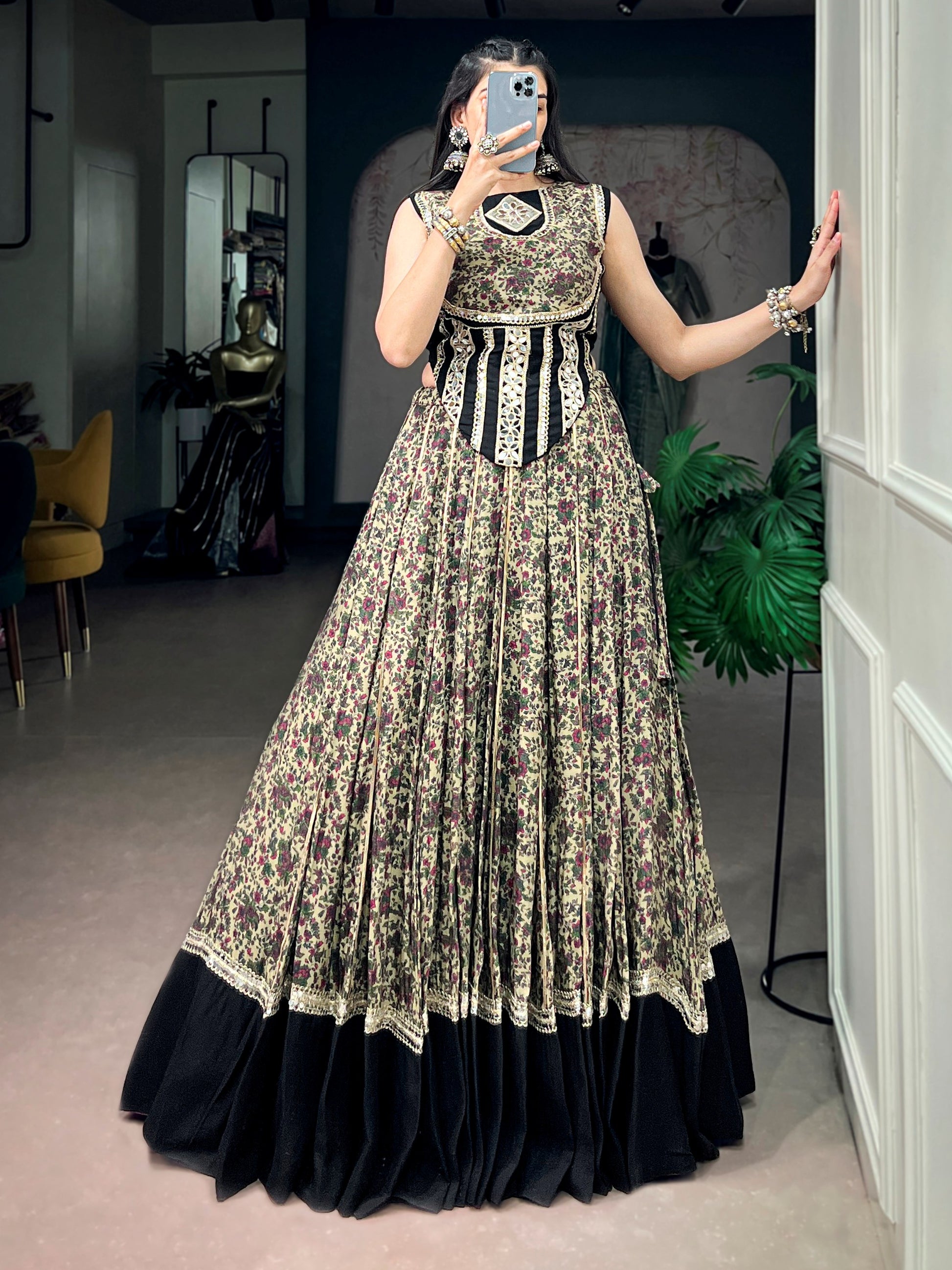 Sophisticated Black Digital Printed Cotton Navratri Wear Lehenga Choli
