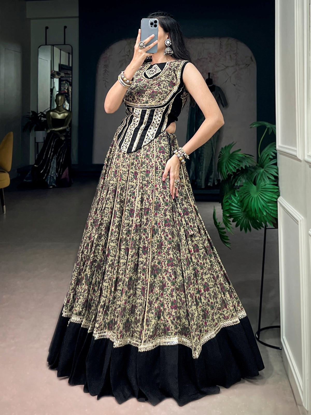 Sophisticated Black Digital Printed Cotton Navratri Wear Lehenga Choli