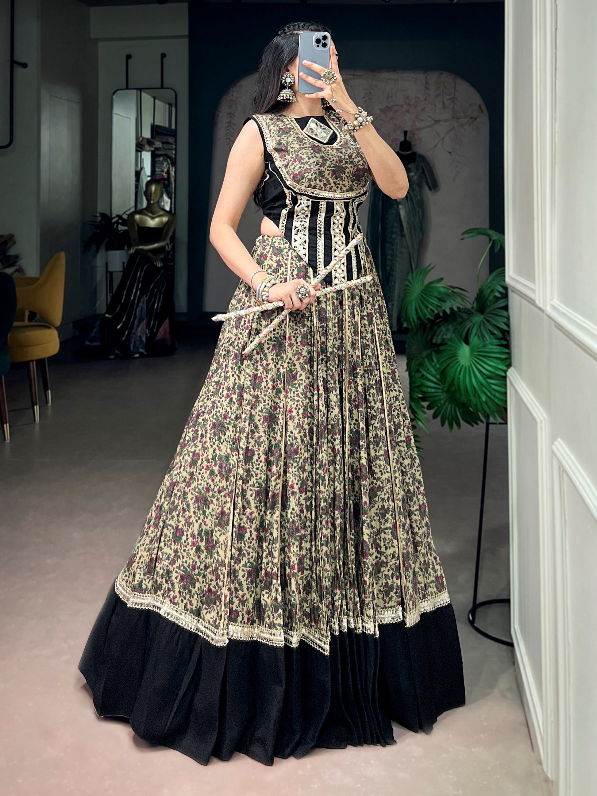 Sophisticated Black Digital Printed Cotton Navratri Wear Lehenga Choli