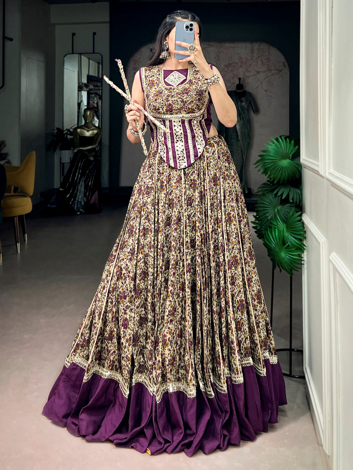 Chic Purple Floral Printed Cotton Navratri Wear Lehenga Choli