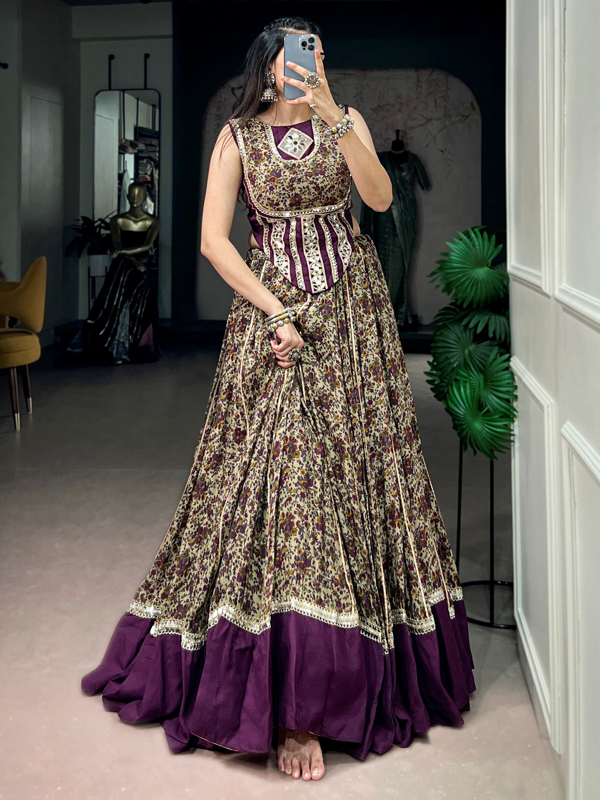 Chic Purple Floral Printed Cotton Navratri Wear Lehenga Choli