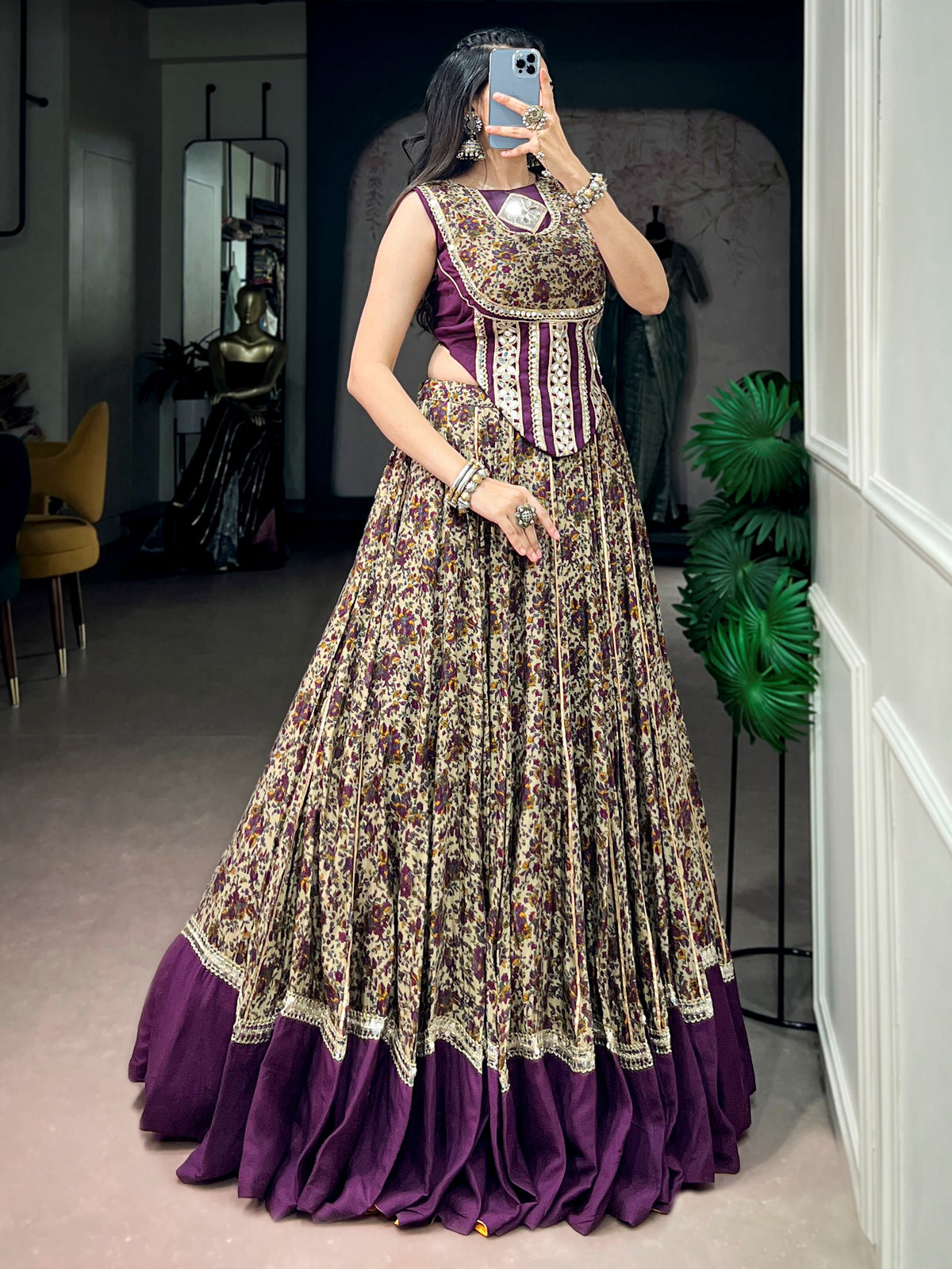 Chic Purple Floral Printed Cotton Navratri Wear Lehenga Choli