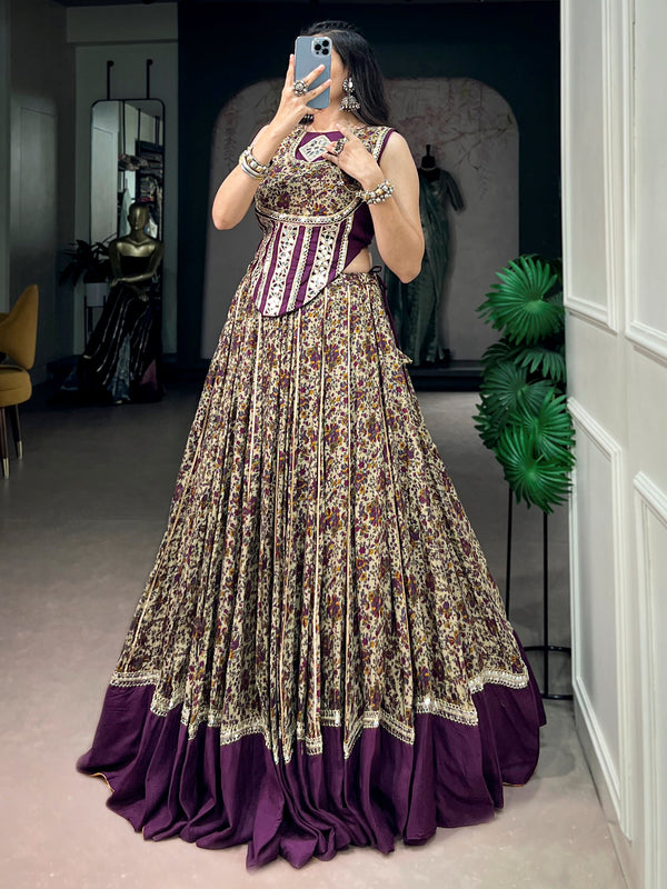 Chic Purple Floral Printed Cotton Navratri Wear Lehenga Choli