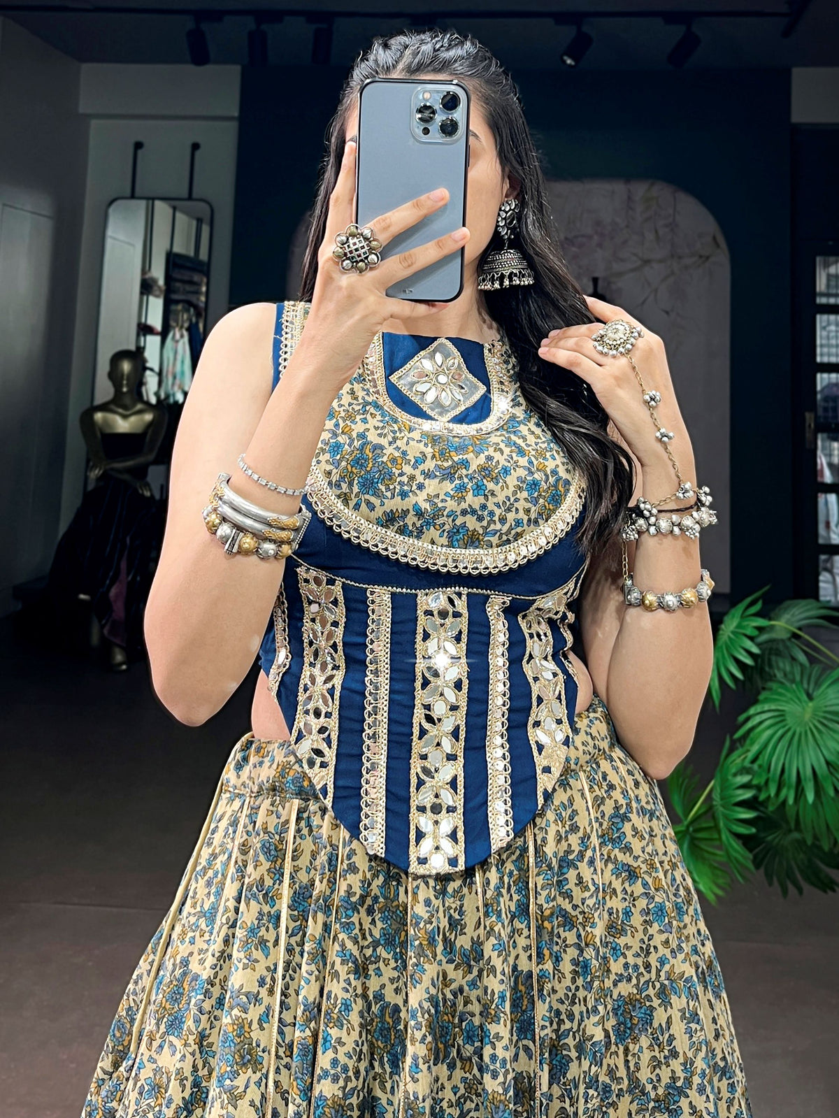 Stunning Navy Blue Digital Printed Cotton Navratri Wear Lehenga Choli