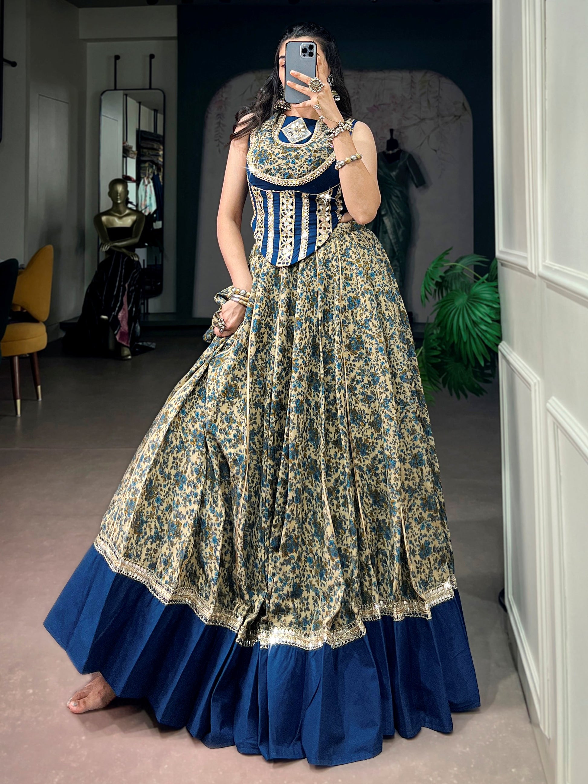 Stunning Navy Blue Digital Printed Cotton Navratri Wear Lehenga Choli