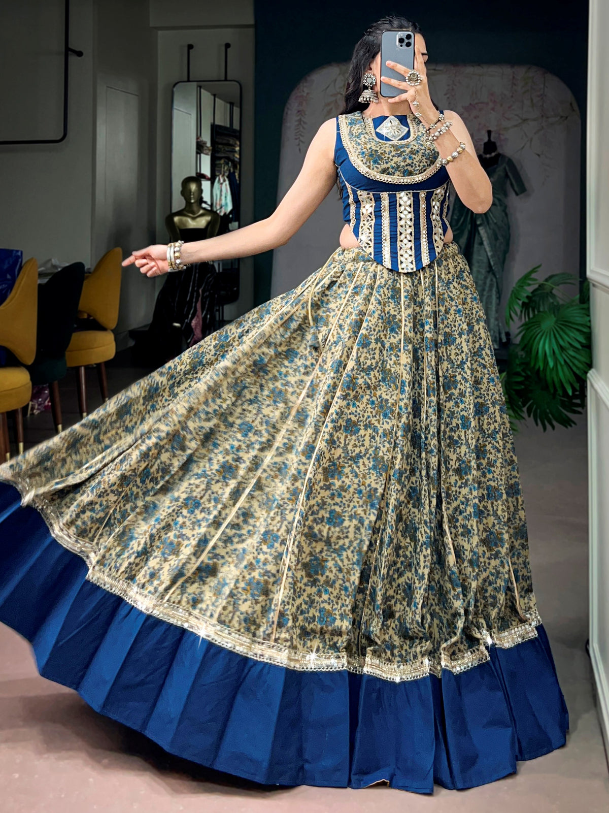 Stunning Navy Blue Digital Printed Cotton Navratri Wear Lehenga Choli