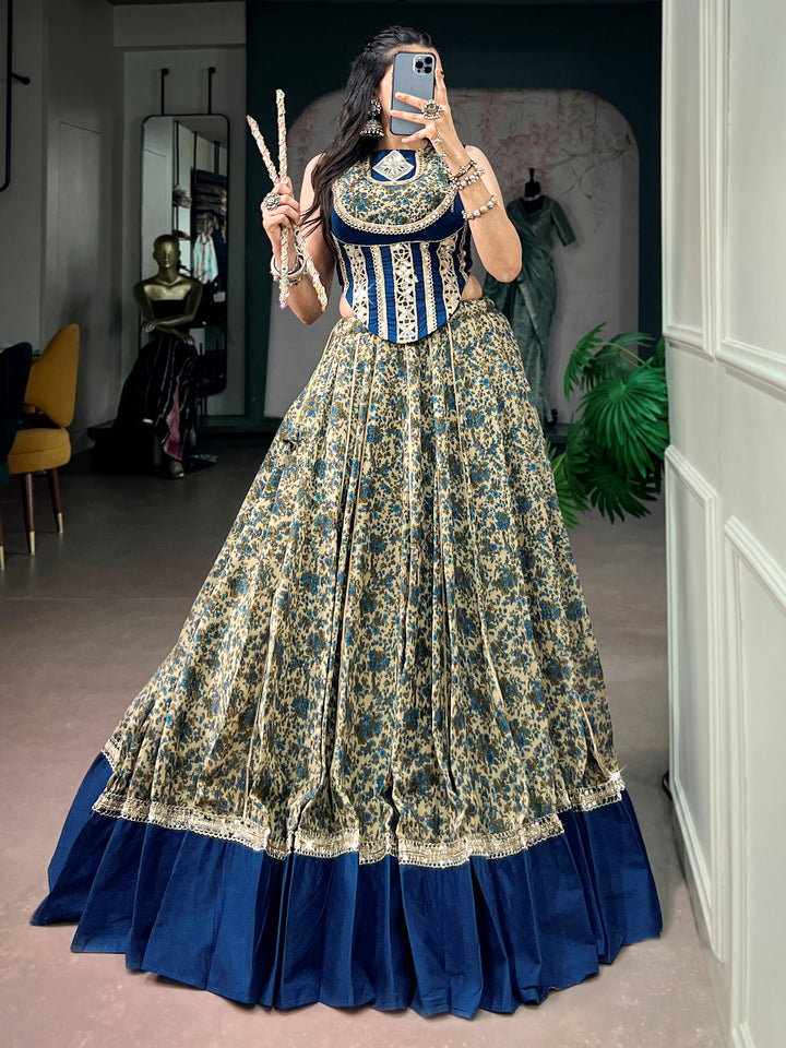 Stunning Navy Blue Digital Printed Cotton Navratri Wear Lehenga Choli