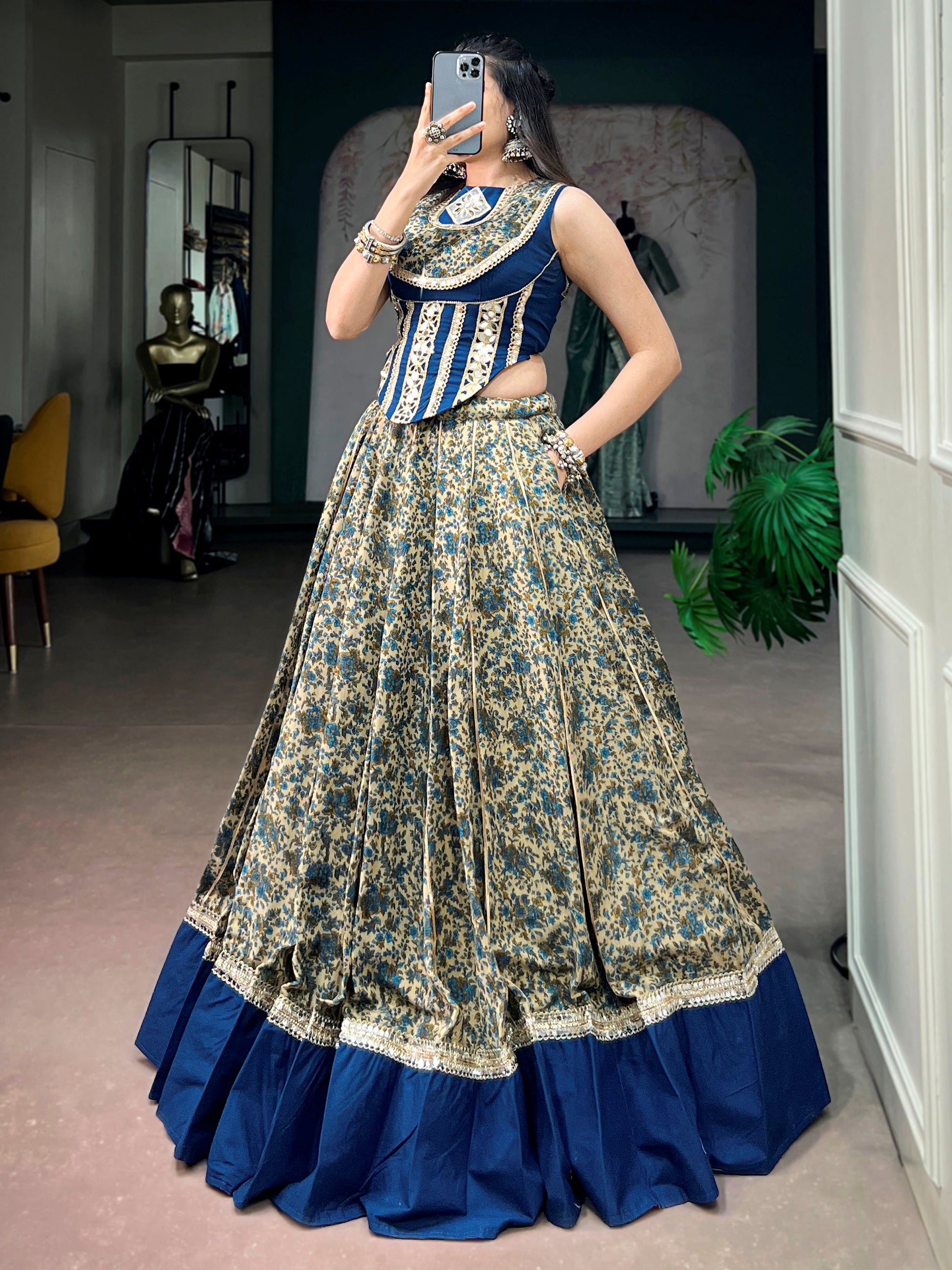 Stunning Navy Blue Digital Printed Cotton Navratri Wear Lehenga Choli