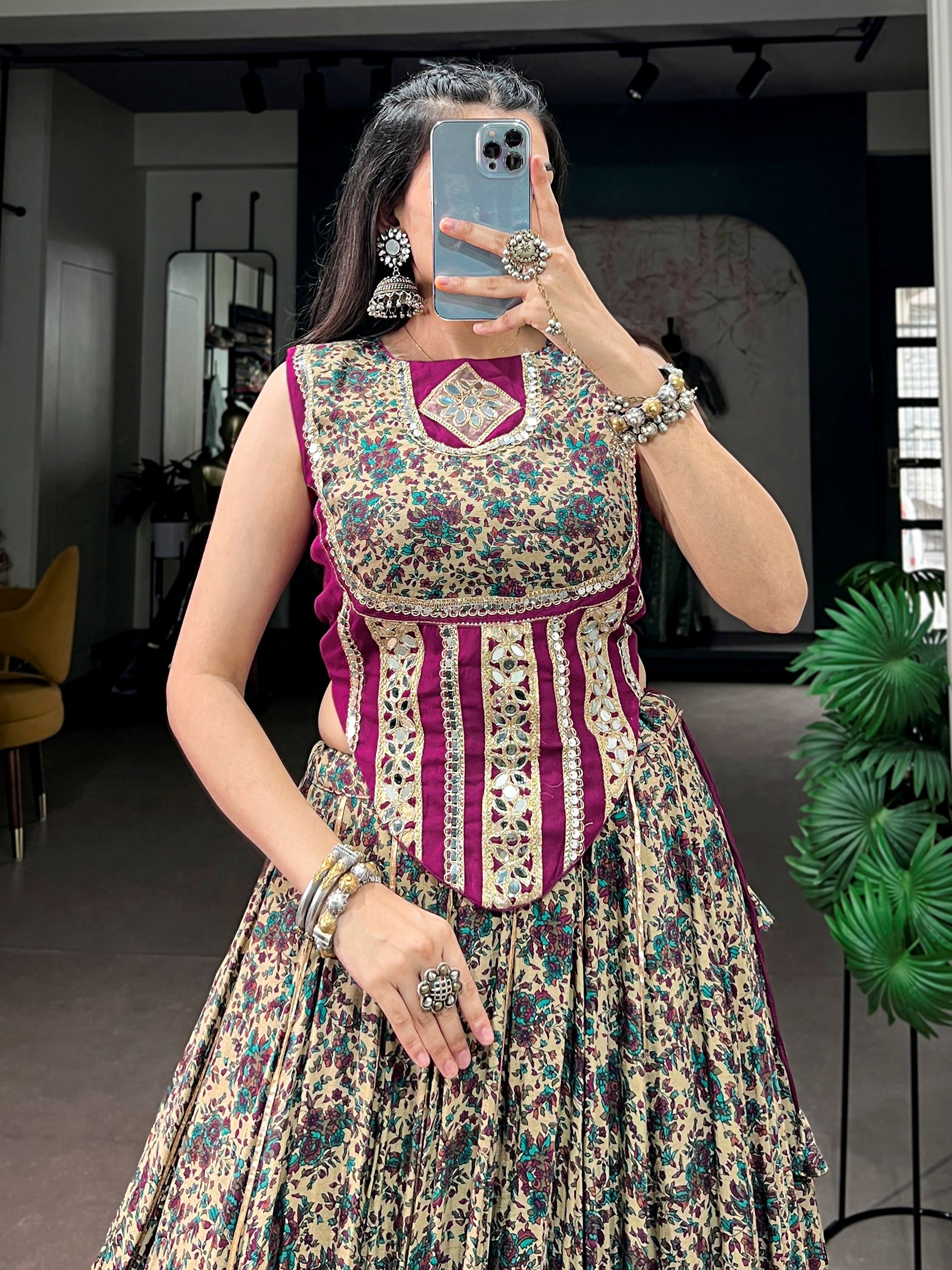 Alluring Wine Mirror Lace Work Cotton Navratri Wear Lehenga Choli