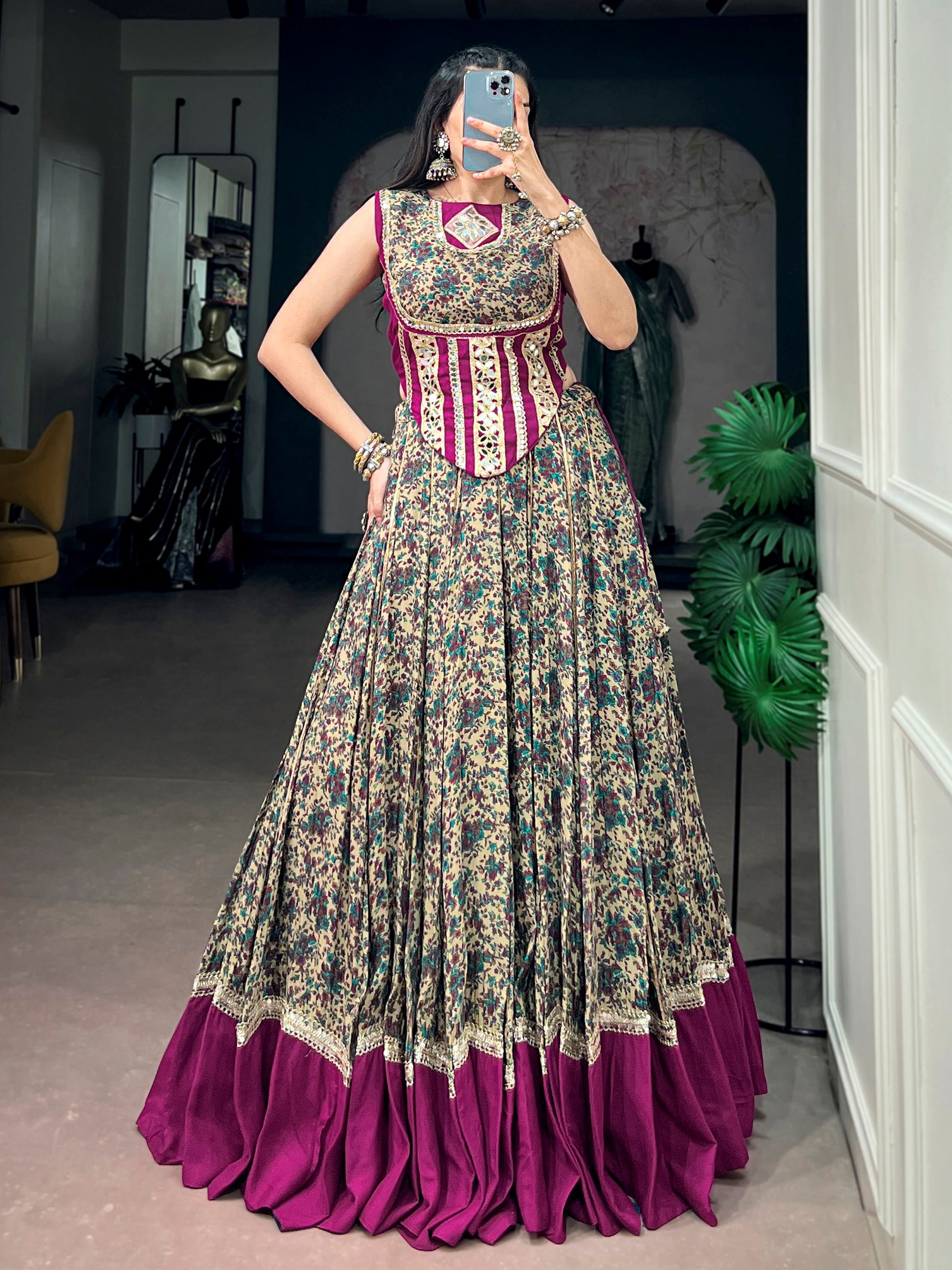 Alluring Wine Mirror Lace Work Cotton Navratri Wear Lehenga Choli