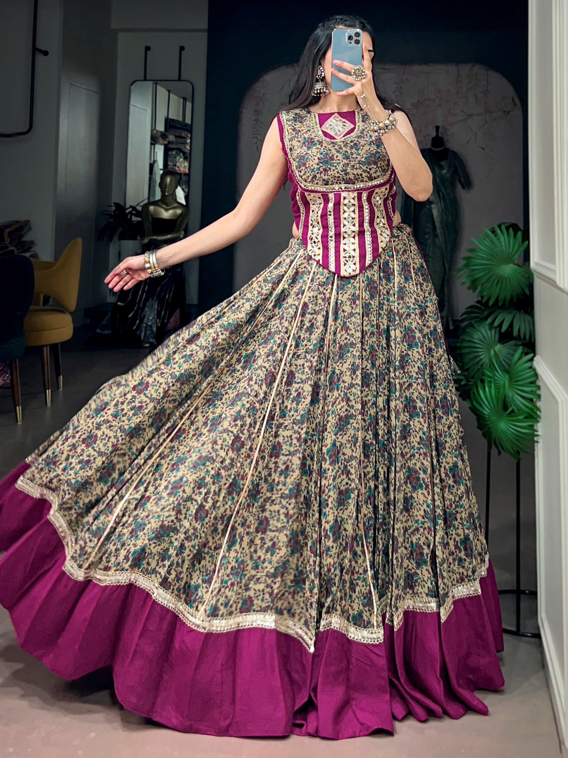 Alluring Wine Mirror Lace Work Cotton Navratri Wear Lehenga Choli