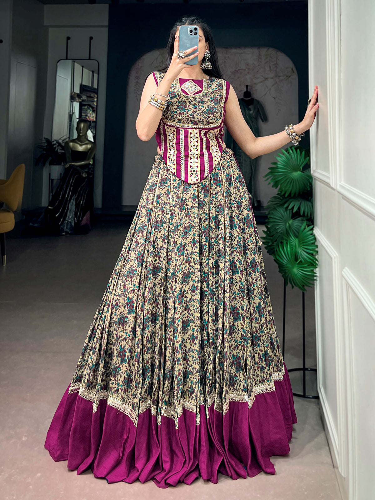 Alluring Wine Mirror Lace Work Cotton Navratri Wear Lehenga Choli