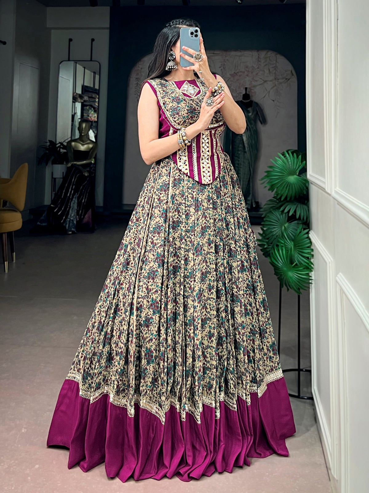 Alluring Wine Mirror Lace Work Cotton Navratri Wear Lehenga Choli